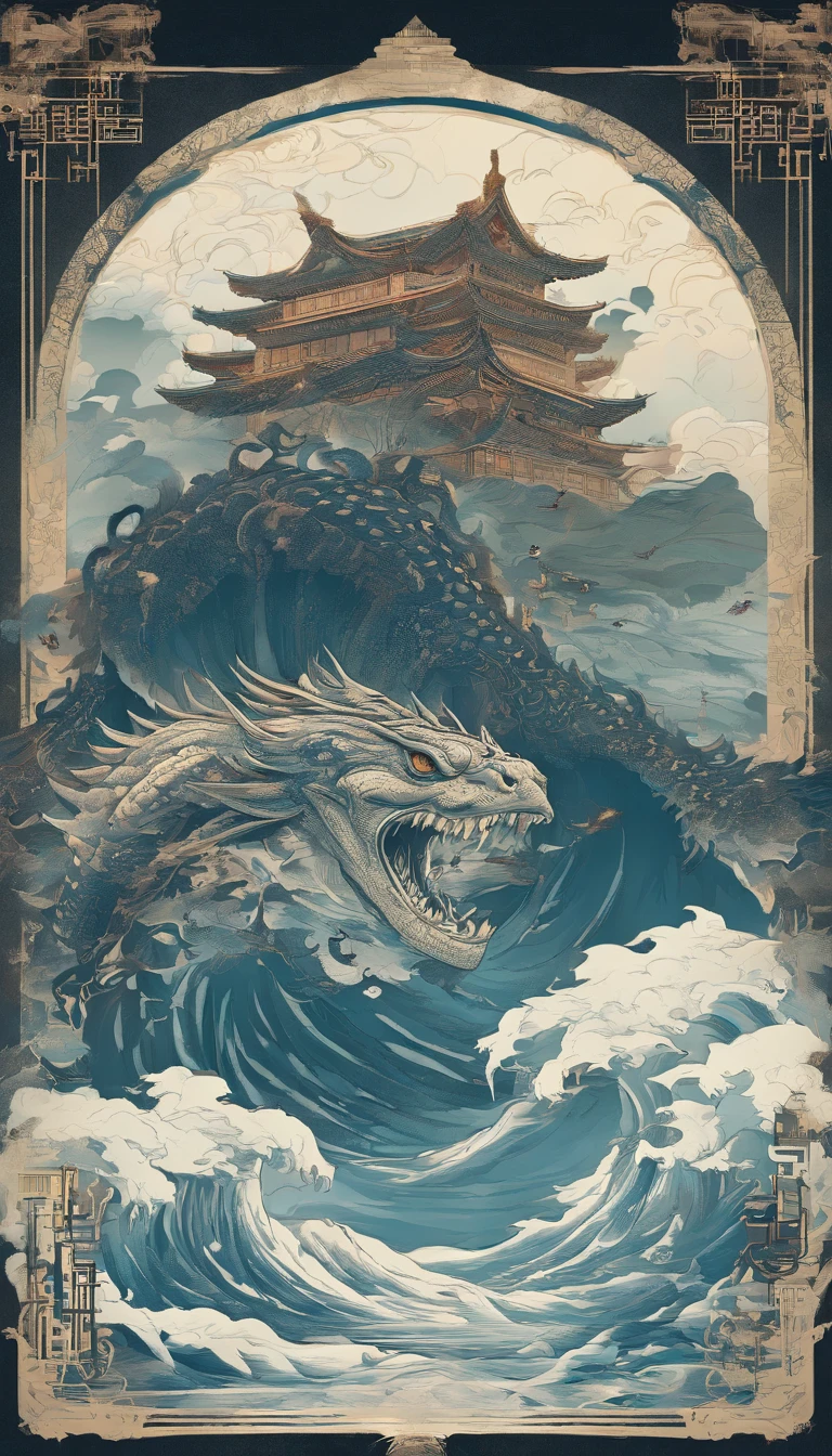 China-style，Chinese mythology，Xuanwu，faucet，Turtle body，Heavy tortoiseshell shell，Snake tail，has horns on its head，tosen，Ferocious，gargantuan，The eyes glow blue light，the sea，Huge waves，surrounded by cloud，中景 the scene is，Full body like， highly detailed surreal vfx，oc rendered， - AR 16:9 --q 2 --s 1000