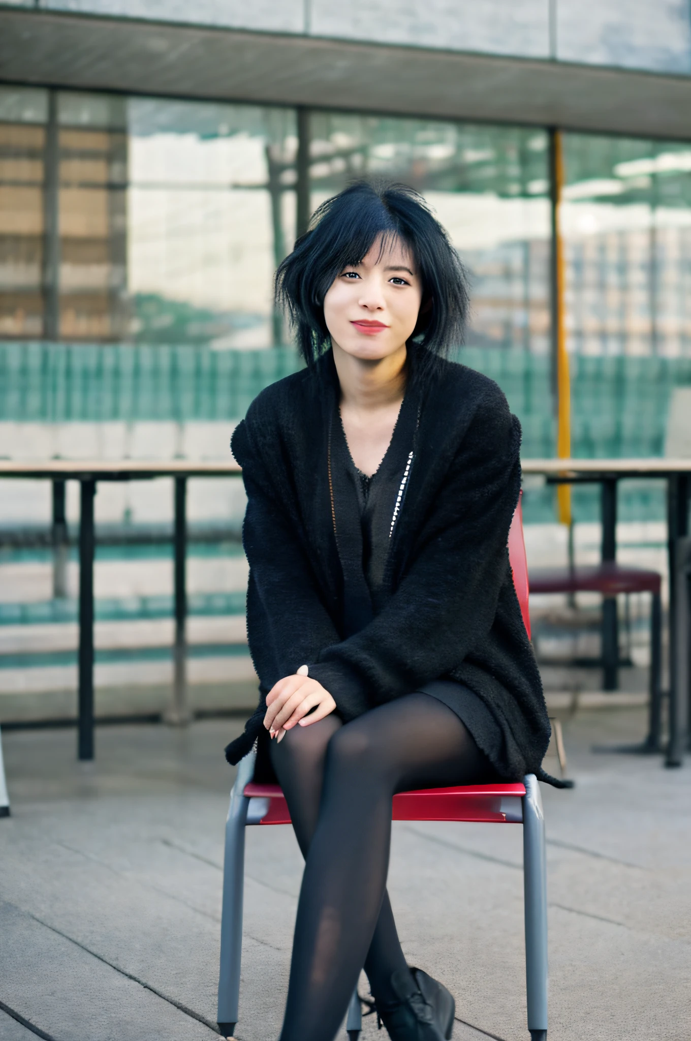 a Asian girl,research institutes,yoko zuwari，sitting on chair,City,Full Length Shot,Fullbody,black hair, 8k, super detail, ccurate, best quality