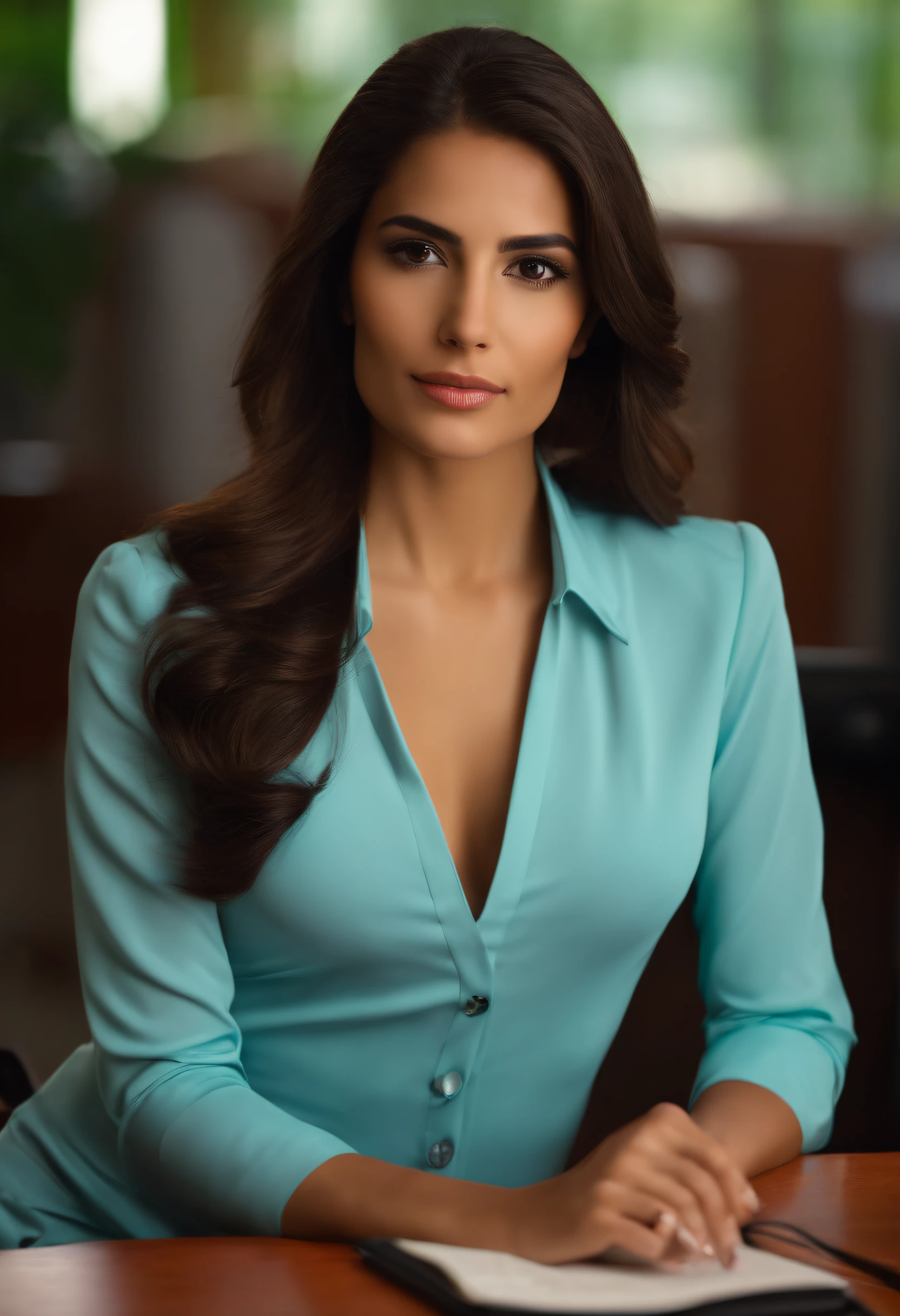 20 year old brunette Hispanic woman with thin medium length hair with chest dressed as secretary