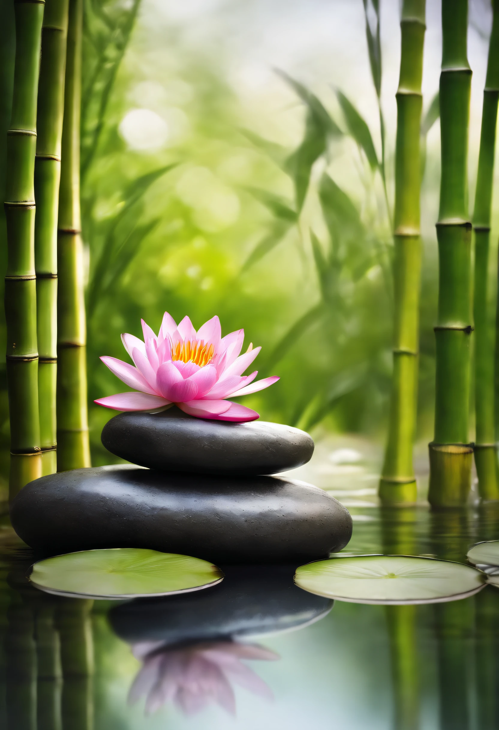 (bamboo fountain, water lily, spa stones),oil painting, detailed bamboo fountain, realistic water lilies, vibrant colors, subtle lighting, high quality artwork:1.2, serene atmosphere, tranquil garden, fine brushwork, peaceful mood, delicate details, harmonious composition, zen garden aesthetic, soothing sound of flowing water, reflective surface of the spa stones, natural materials, calm and relaxing setting.
