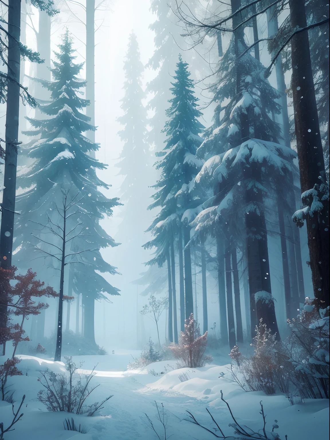 generate an illustration of a forest set in the winter season in the magical realism genre, the environment literal and existential, signifying some mystical aura from its contemplative beauty.