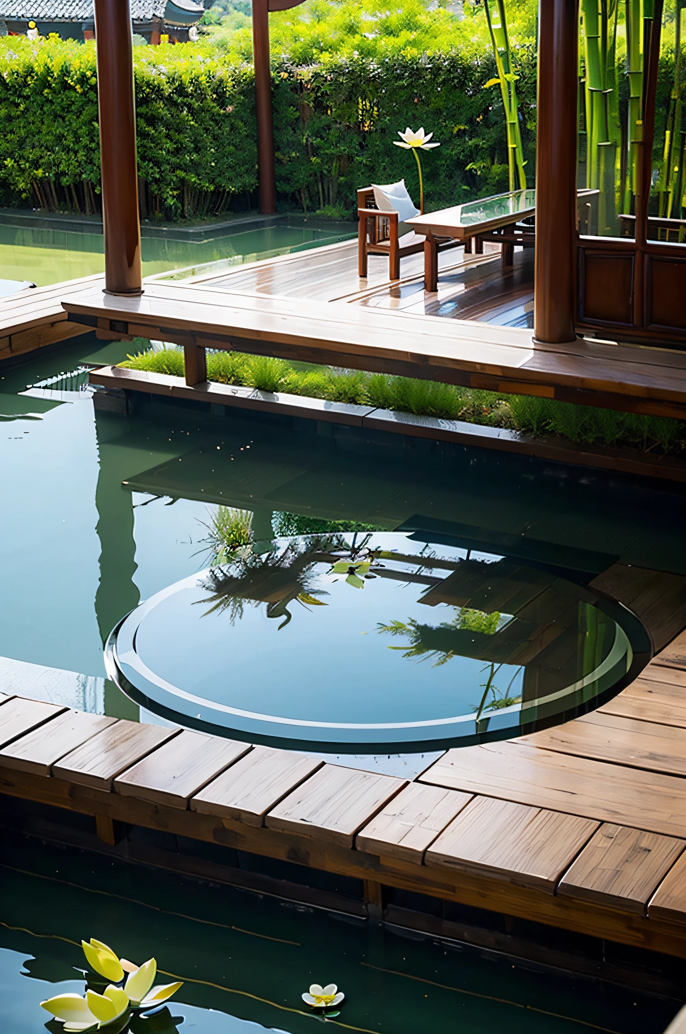 Ultra-high-definition large picture, direct view, water, lotus, Chinese style round arch, glass countertop, lotus, bamboo, pavilion, smoke, lotus bud, grass