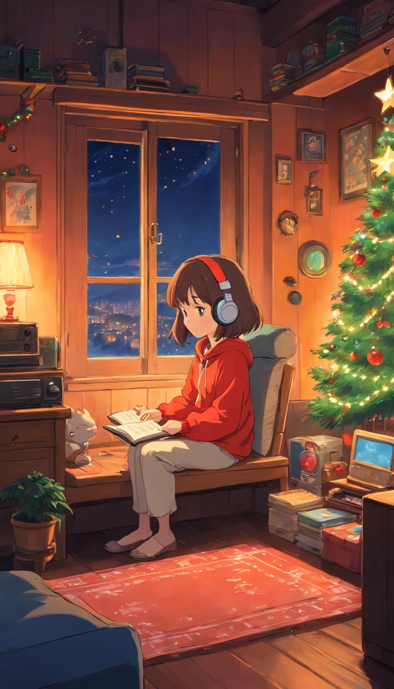 Girl listening to music in a cozy room at night, Christmas decoration.  2D, Lo-fi, disco Rigido, Ambiente escuro