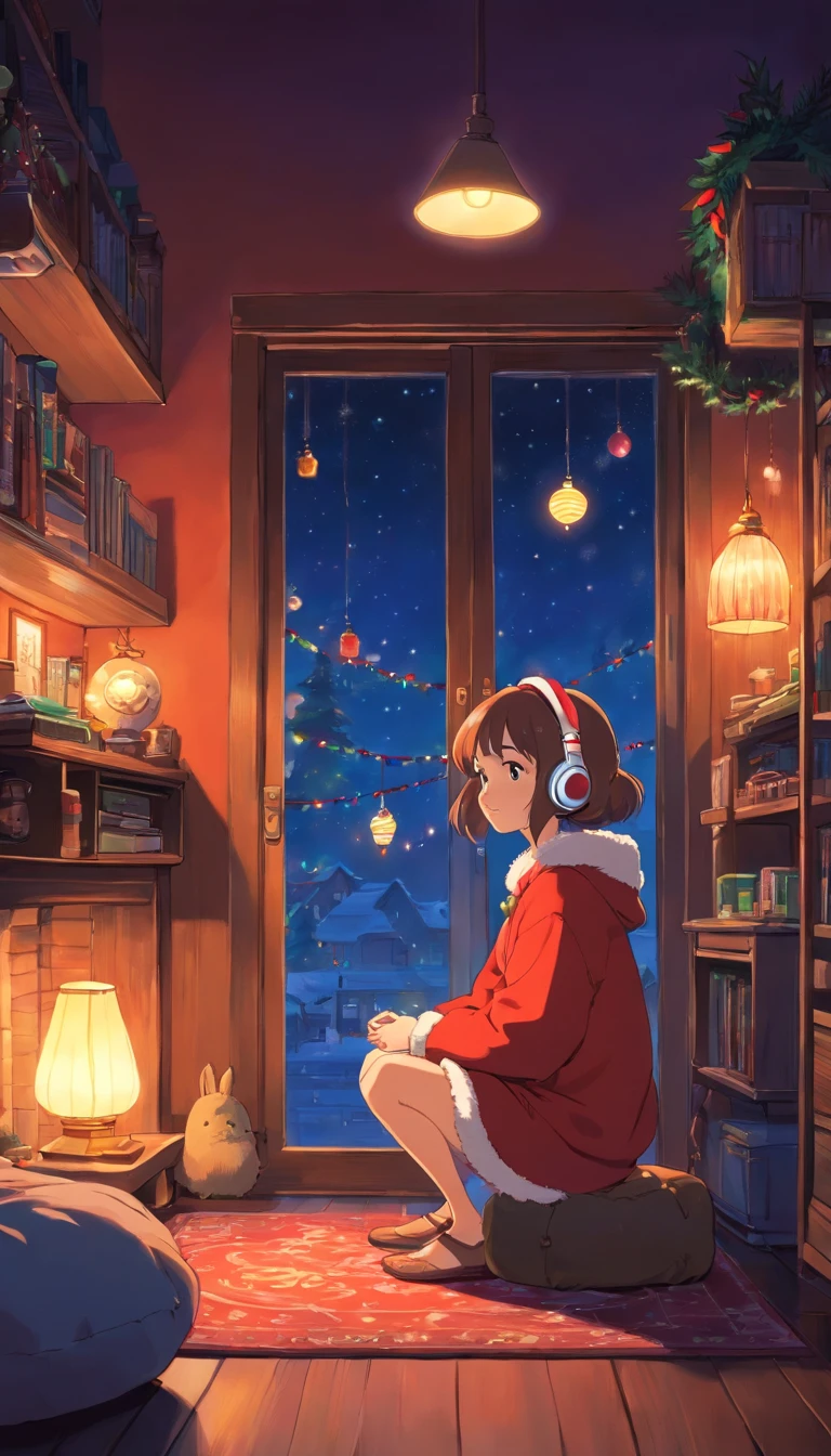 Girl listening to music in a cozy room at night, Christmas decoration. 2D, Lo-fi, disco Rigido, Ambiente escuro