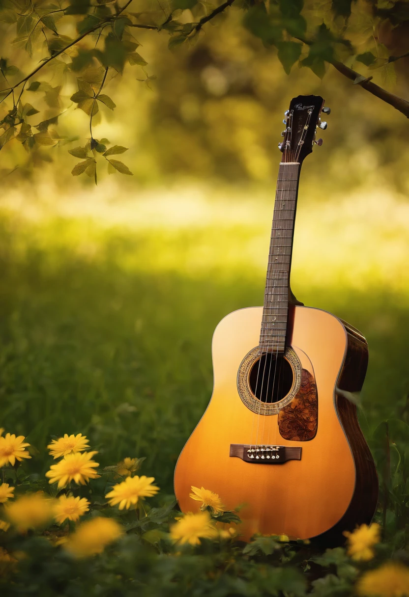 A Acoustic Guitar guitar is placed in a place where flowers and forests are harmonized, full shot,, Broken Glass effect, no background, stunning, something that even doesn't exist, mythical being, energy, molecular, textures, iridescent and luminescent scales, breathtaking beauty, pure perfection, divine presence, unforgettable, impressive, breathtaking beauty, Volumetric light, auras, rays, vivid colors reflects