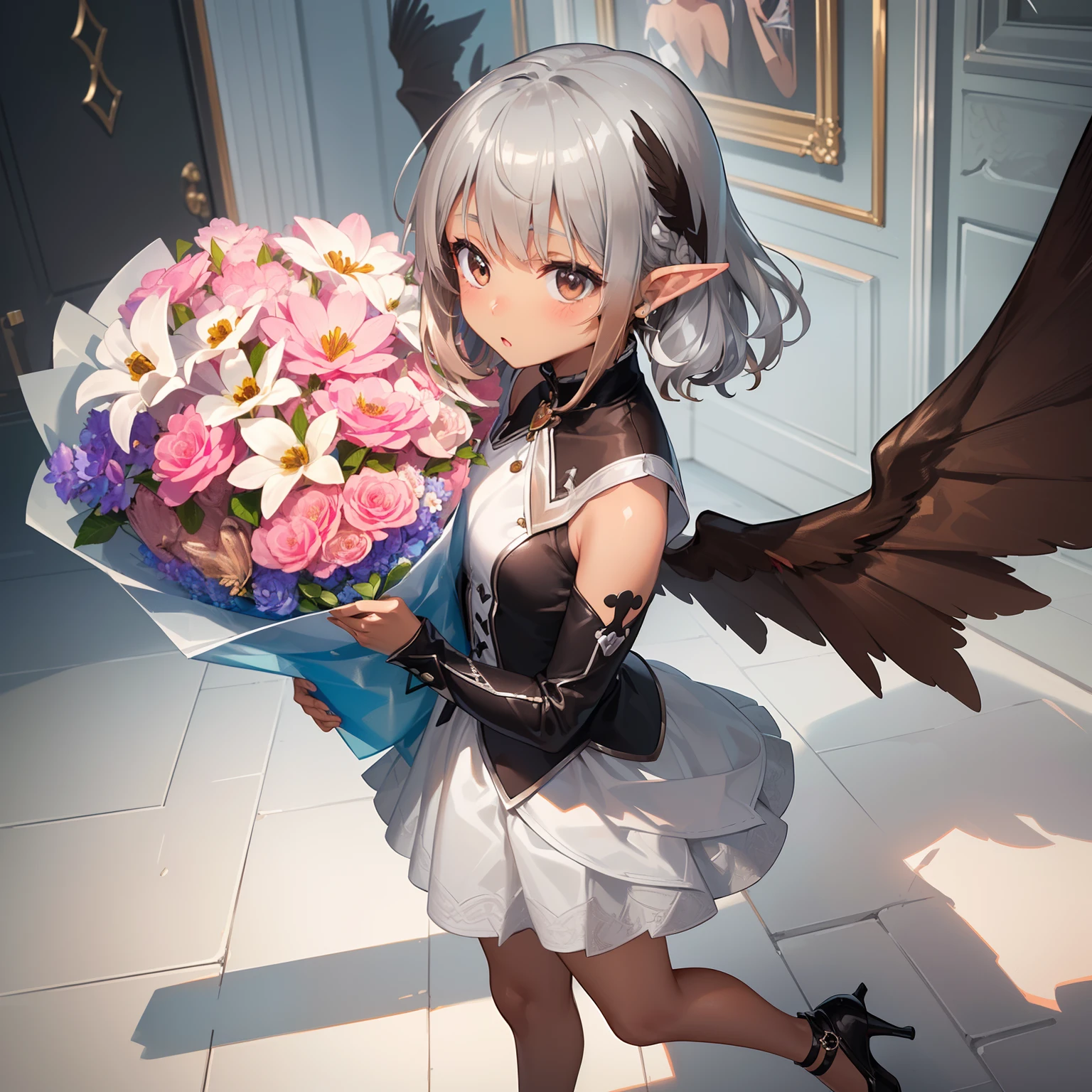 (kawaii, loli:2),(decorated:1.5 and wrapped:1.7 and ribboned:1.7 ),((A bouquet of a million colorful flowers is placed in front of your face.:1.7)),(A bouquet that overflows from the bouquet:1.6),solo,BRAKE (Darkness:1.4),(fantasy costume:1.5),elf ear:1.1,(raven wings:1.6),(dark elf:1.6),blue eyes,(milky silver hair:1.6),(ash brown skin woman:1.8),(high-heeled shoes:1.3),solo,BRAKE dynamic pose,dynamic angle,from side:1.7,full body shot:1.3, low shot:1.3,BRAKE fantastic room,BREAK (extremely detailed CG unity 8k portrait:1.3),ray-tracing,(highly detailed fingers:1.3),(Masterpiece: 1.3),(ultra detailed face),(Exquisite Detail: 1.2),highly detail Eye,(Highest Quality:1.4), (Super-Resolution: 1.2),(super fine illustration:1.3), Eyelashes, Best Quality,super detailed skin,