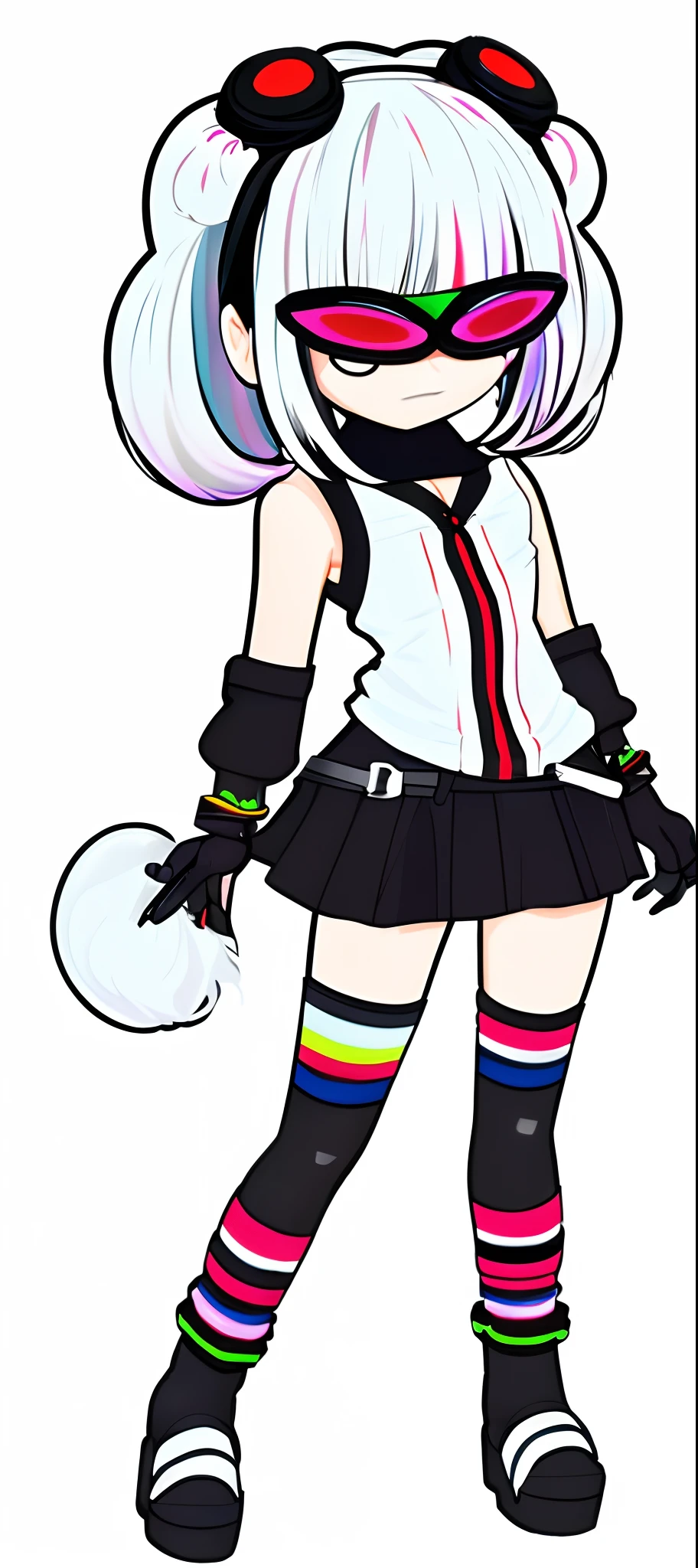 1girl, red eyes, goggles, solo, goggles on head, black hair, chibi, white hair, gloves, holding, multicolored hair, looking at viewer, white background, simple background, long hair, full body, weapon