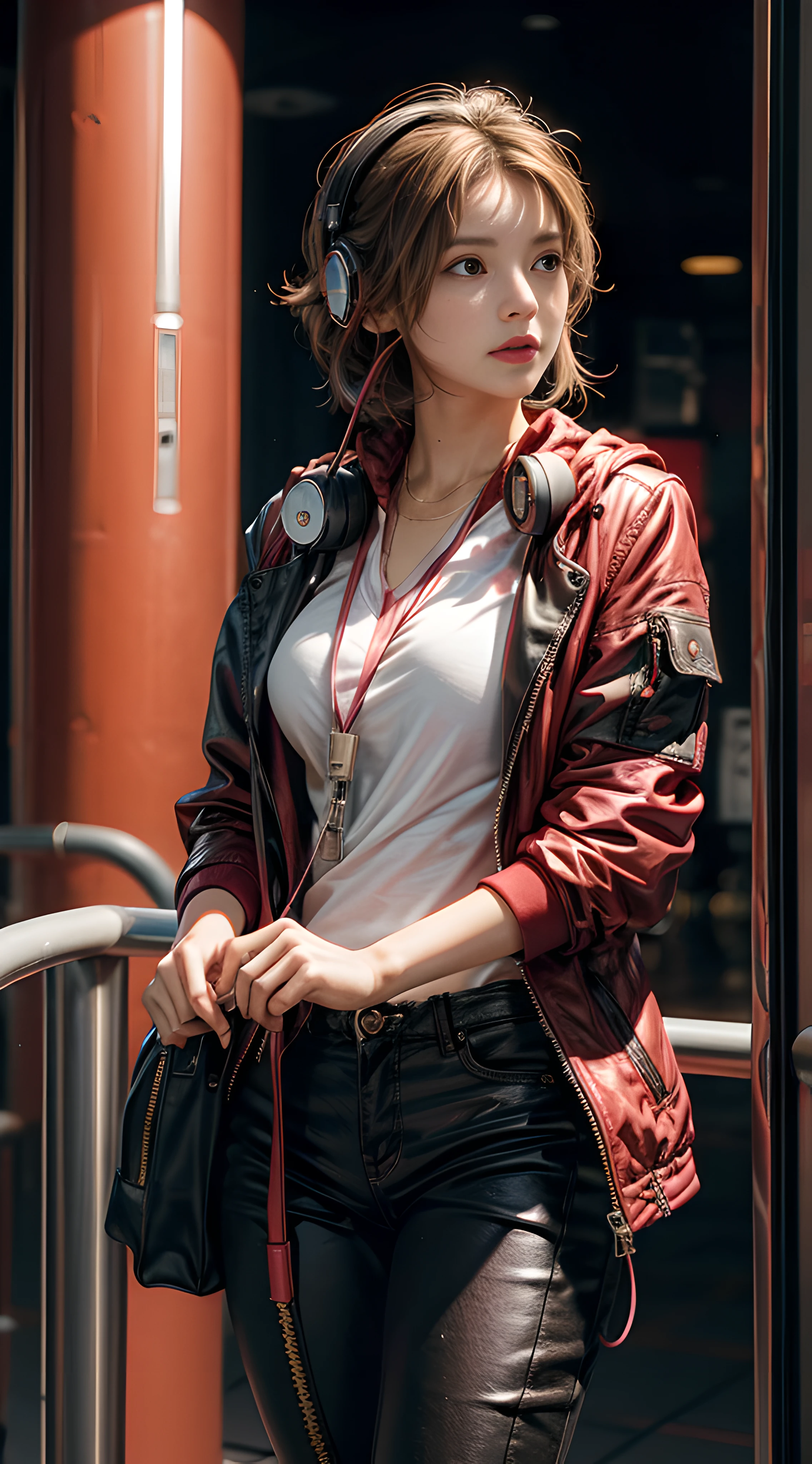 Photorealistic design of science fiction pilot in the style of Olivia De Berardinis, in colours black and red France pink, golden headphones, background airport in depth of field, by Tokaito