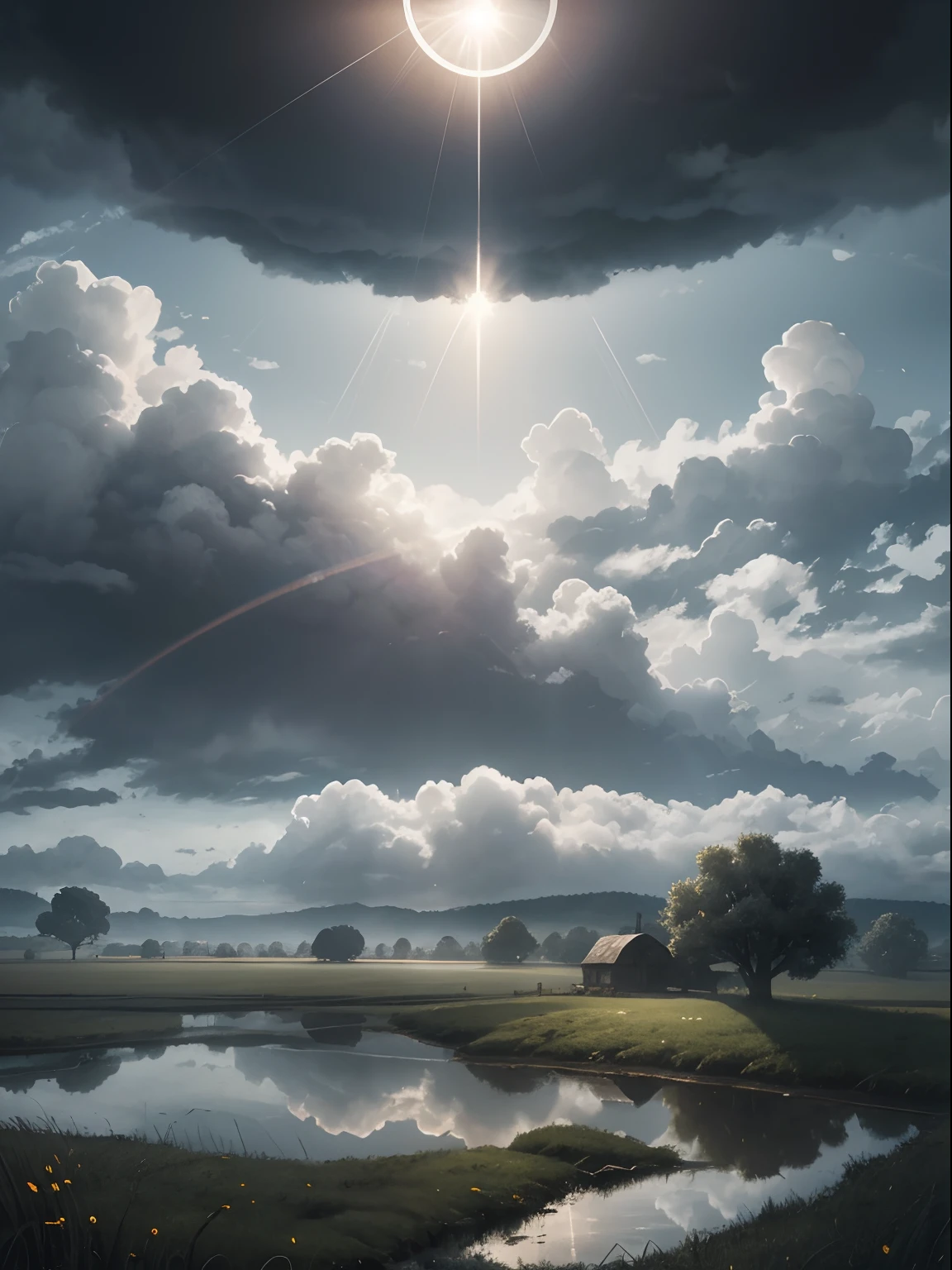 generate an illustration of a rural area in the magical realism genre, with serene grey clouds and a melancholic but hopeful atmosphere, an optical phenomenon of a halo can be seen from a distance away.
