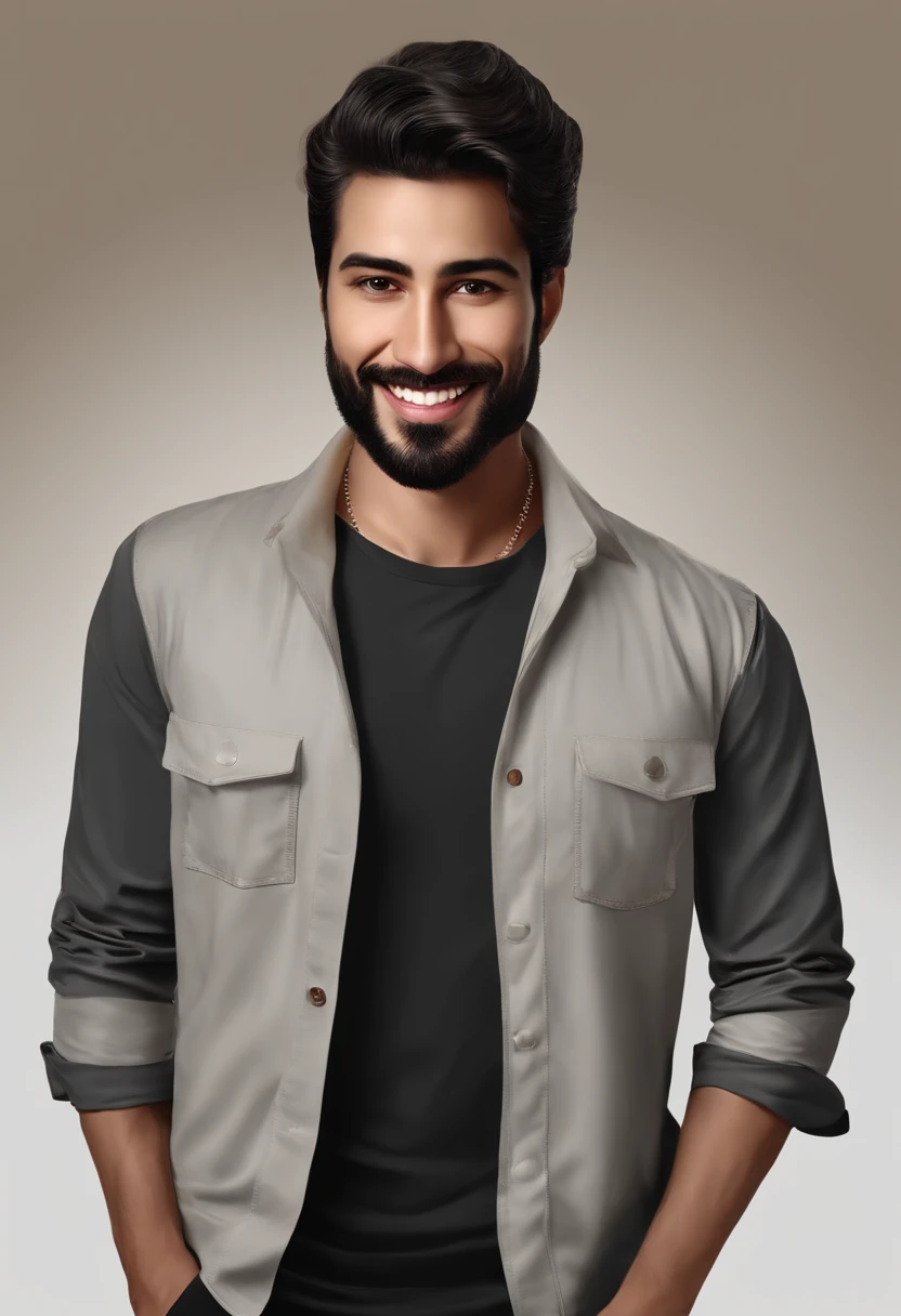 Portrait of handsome man 30 years oval face realistic appearance, Man;Smiling, shirt、Camisa branca e jaqueta com gola、hispanic, smiling, cheerful, black hair, black shirt with his friend activity: talking (his friend is thin man, long dark hair up to his shoulders, sunken eyes, thin beard, black eyes and worn clothes, happy, medium shot),