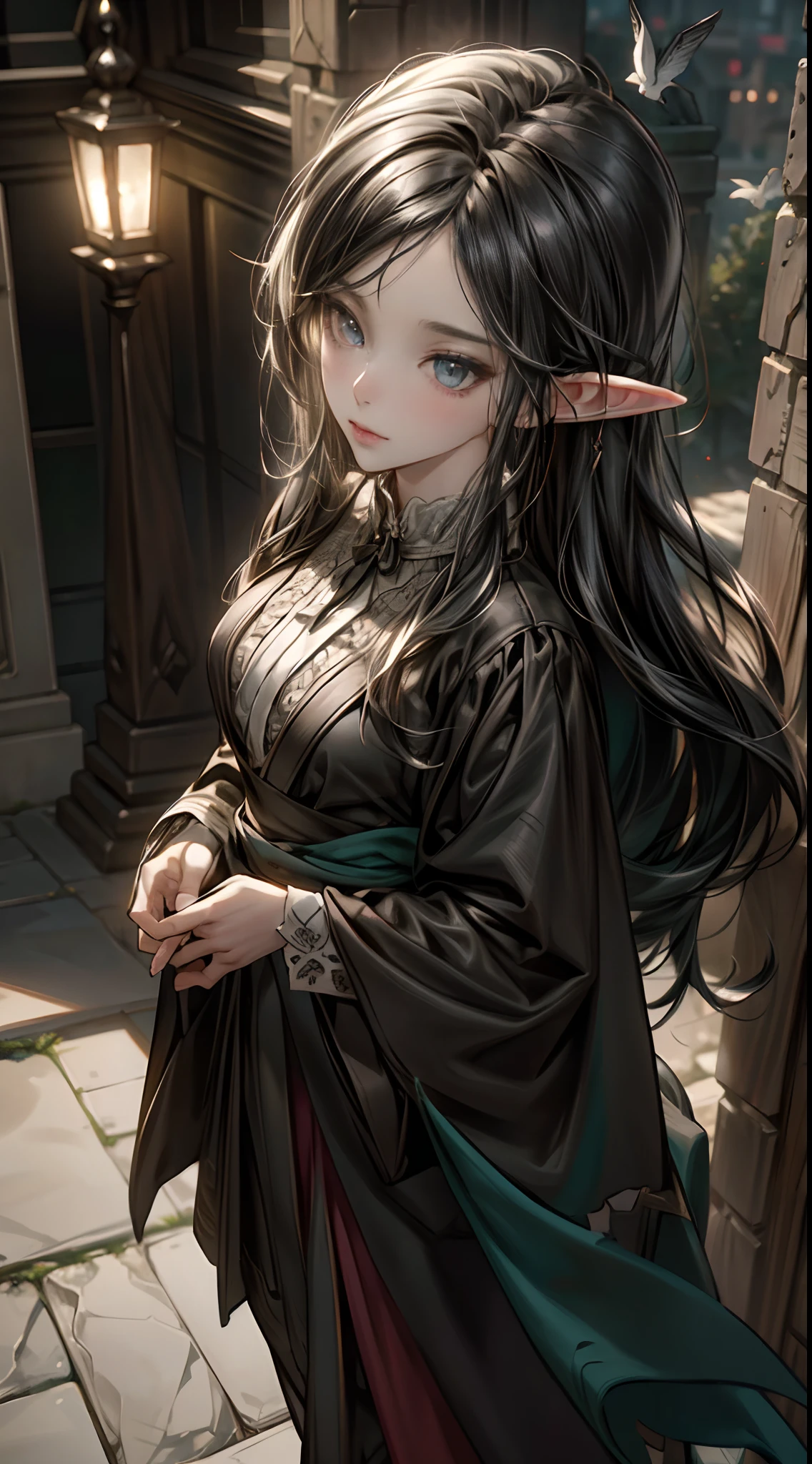 Elf walking around, Age of Enlightenment, ((1girl)), Full body character design, Candid Photography, bokeh, Cinematic Lighting, GoPro HERO9 Black, Birds Eye View, by Albert Dros, Gothic Outfit, insanely detailed face and eyes, Perfect lips, by Yusuke Murata.
