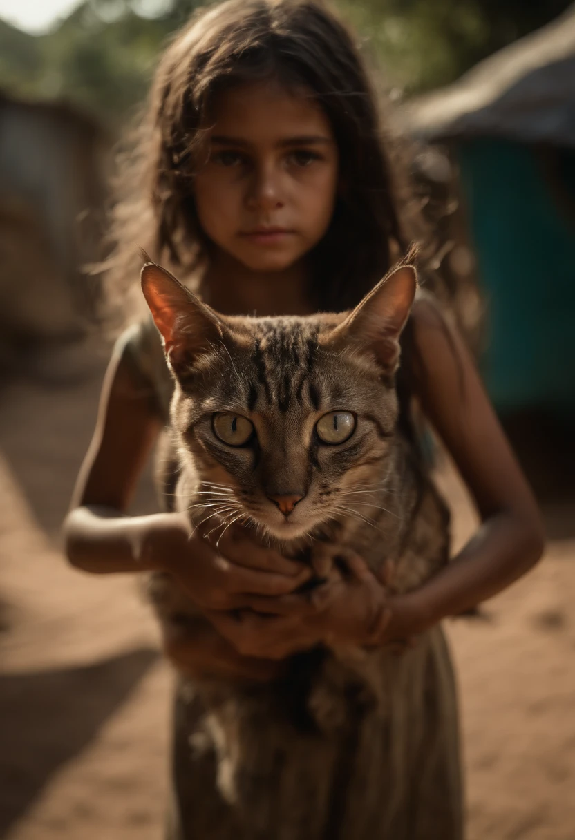 (((best quality))), alto detalhamento, profundidade de campos, foco: 1.2, Post-apocalyptic 10-year-old Brazilian cat and girl, Olhos cansados, Olhos Finos, olhos grandes, Roupas esfarrapadas e podres, Hair is tangled in rags, The skin is damaged by dirt and grime, abandonado, Quarto escuro com janelas quebradas, Thin face and eyes are sad and scary, ((masutepiece)), (fotos realistas:1.5), (((High resolution illustration))), (((extremamente detalhado))), Shadows Dramatic, cinemactic.