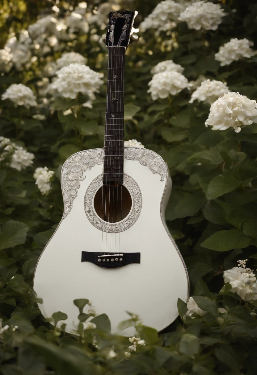 A Acoustic white Guitar guitar is placed in a place where white flowers and forests are harmonized, full shot,, Broken Glass effect, no background, stunning, something that even doesn't exist, mythical being, energy, molecular, textures, iridescent and luminescent scales, breathtaking beauty, pure perfection, divine presence, unforgettable, impressive, breathtaking beauty, Volumetric light, auras, rays, vivid colors reflects