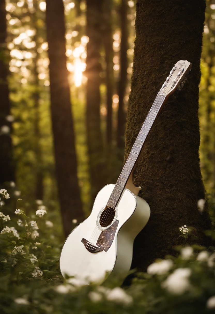 A Acoustic white Guitar guitar is placed in a place where white flowers and forests are harmonized, full shot,, Broken Glass effect, no background, stunning, something that even doesn't exist, mythical being, energy, molecular, textures, iridescent and luminescent scales, breathtaking beauty, pure perfection, divine presence, unforgettable, impressive, breathtaking beauty, Volumetric light, auras, rays, vivid colors reflects