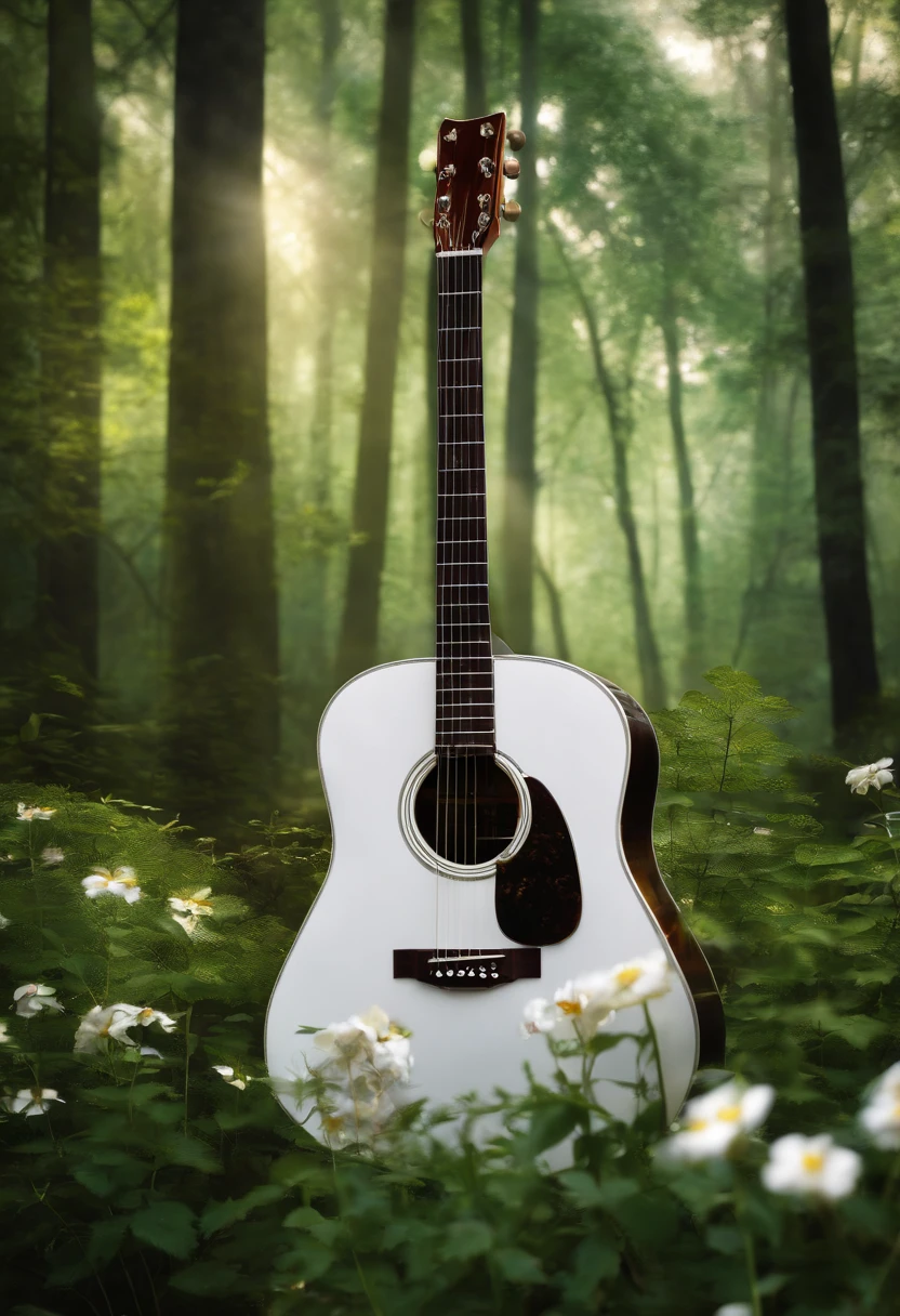 A Acoustic white Guitar guitar is placed in a place where white flowers and forests are harmonized, full shot,, Broken Glass effect, no background, stunning, something that even doesn't exist, mythical being, energy, molecular, textures, iridescent and luminescent scales, breathtaking beauty, pure perfection, divine presence, unforgettable, impressive, breathtaking beauty, Volumetric light, auras, rays, vivid colors reflects