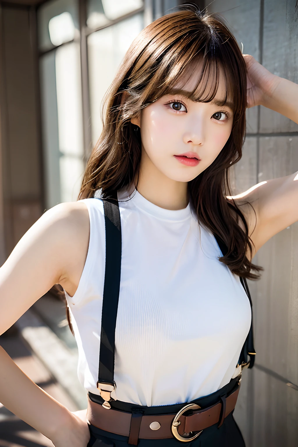 masterpiece、flat-colors、depth of fields、lens flare 1 girl、、Brown hair、watching at viewers a belt black suspenders large full breasts Armpit sweat perspiring Side of both hands walls: Black pants, Gaze Small face Bangs Upper Eyes flank