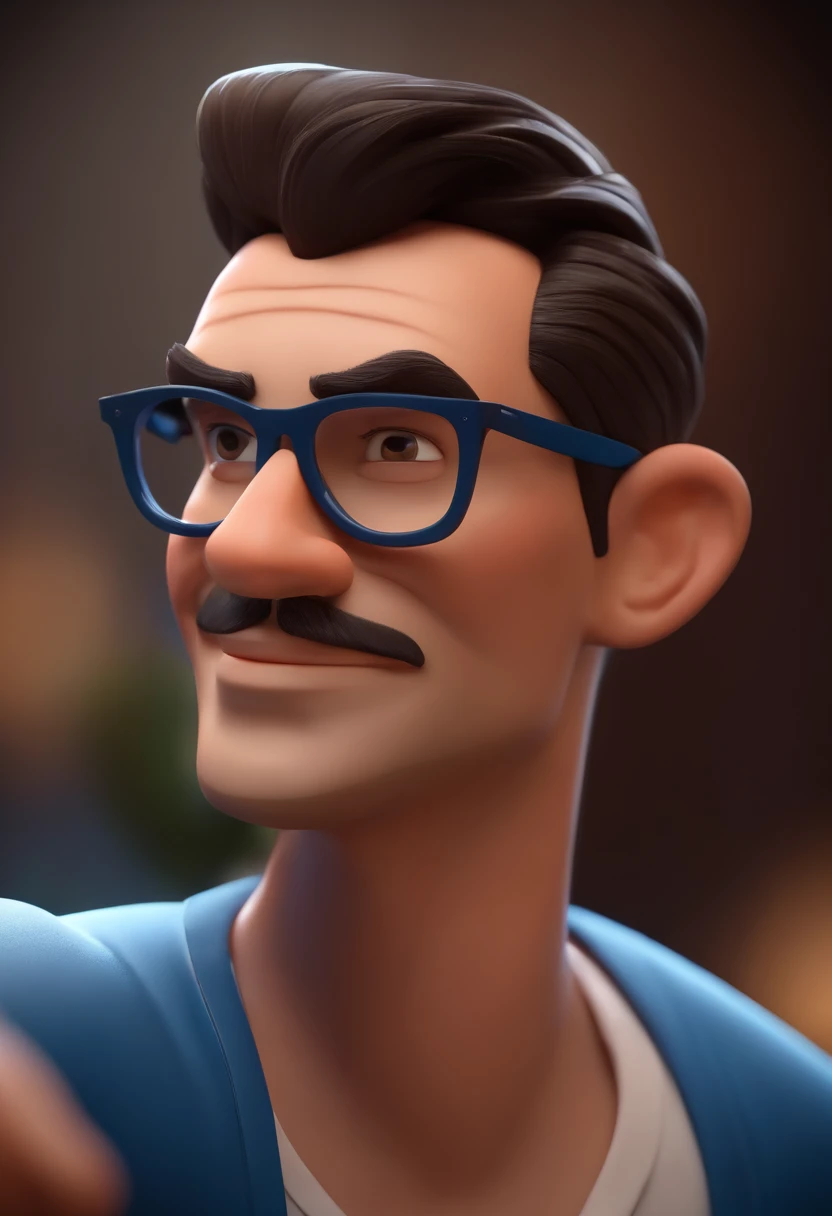 Cartoon character of a man wearing black glasses and a blue shirt, um personagem animado, Caractere estilizado, animation style rendering, 3D estilizado, Arnold Maya render, 3 d render stylized, toon render keyshot, Personagem 3D, Personagem 3D, 3d rendering stylized, 3 d character render, personagem de desenho animado, Personagem de close up, Pose de personagem, (Estilo Pixar) (master part:1.2) (Bokeh) (best quality) (pele detalhada) (textura detalhada) (8k) (argila) (Cinematic lighting) (foco nítido