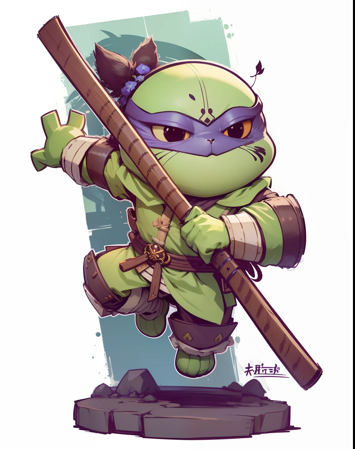 (On parchment paper, Characteristic Leaf), A full body shot, Long shot of cute green humanoid bandit frogs with bandana on their head, Character sheet of old parchment paper with 24K resolution, high detail, photo realism, Realistic sketch, Rough sketch, mix of bold dark lines and loose lines, bold lines, humanoid, centered, Focus on character, Large Samurai Sword, and automatons and fluffy rabbit feet, Рафф Баттл носит Visage Dusty Cute.