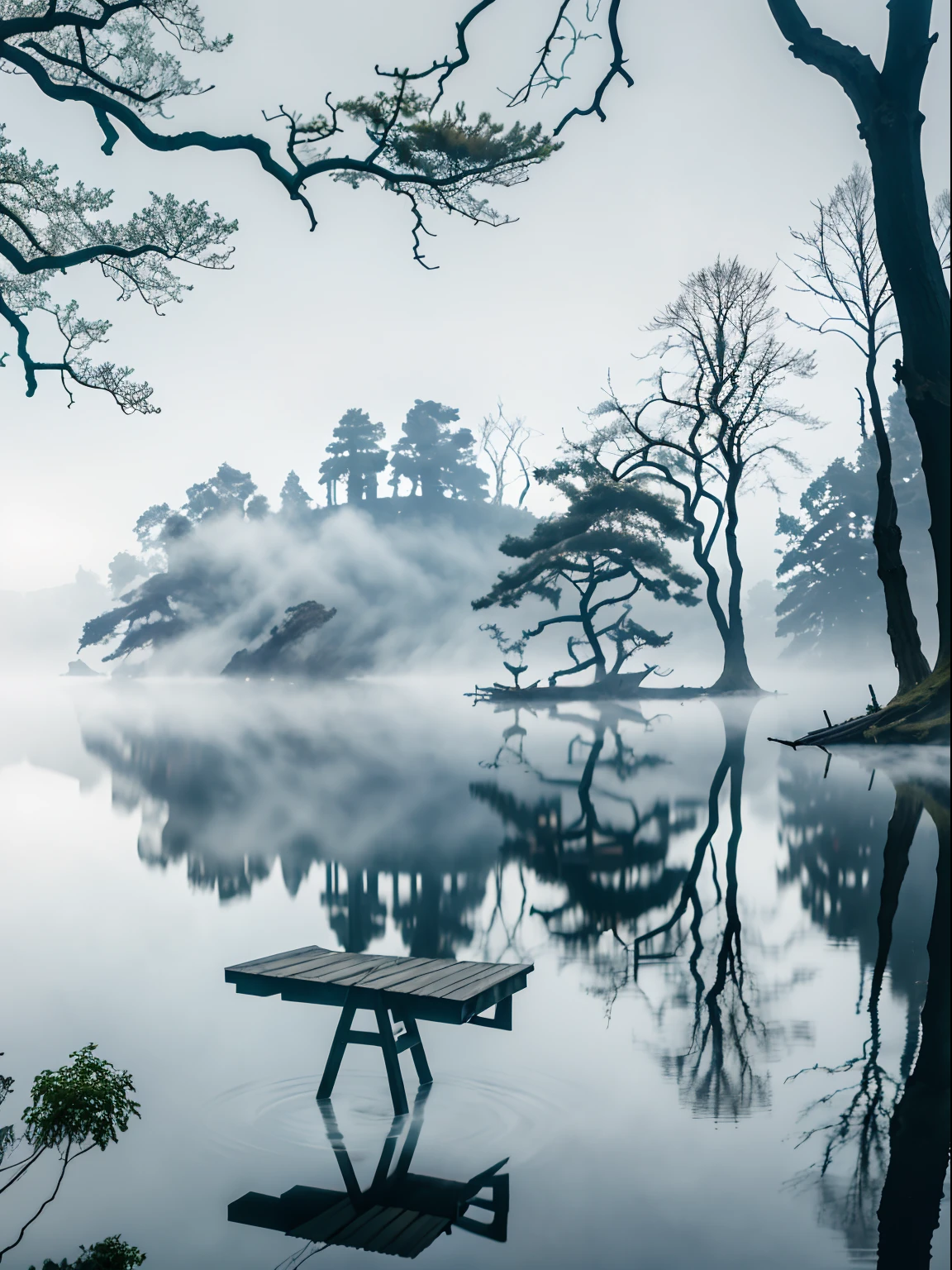 arafed view of a lake with a dock and trees in the background, cold mist, by Harald Giersing, blue fog, pale blue fog, in a foggy lake, in a foggy pond, by Sebastian Spreng, water fog, fog on the water, mystical blue fog, by Troels Wörsel, foggy water, mystical lake, cold hues