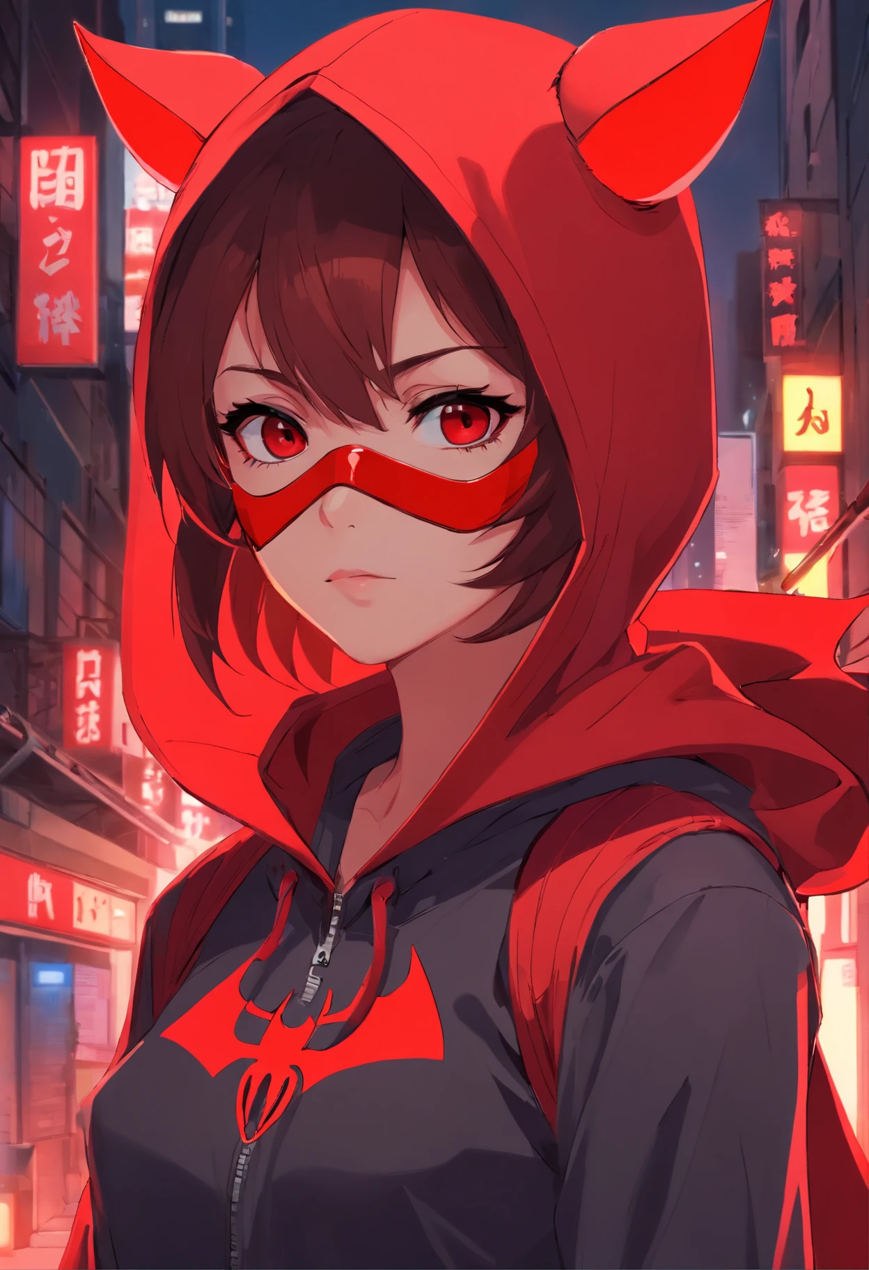 Daredevil as a hooded advanced teenager dressed red with red mask and red eyes and very small horns in live action and hooded as an anime ninja version