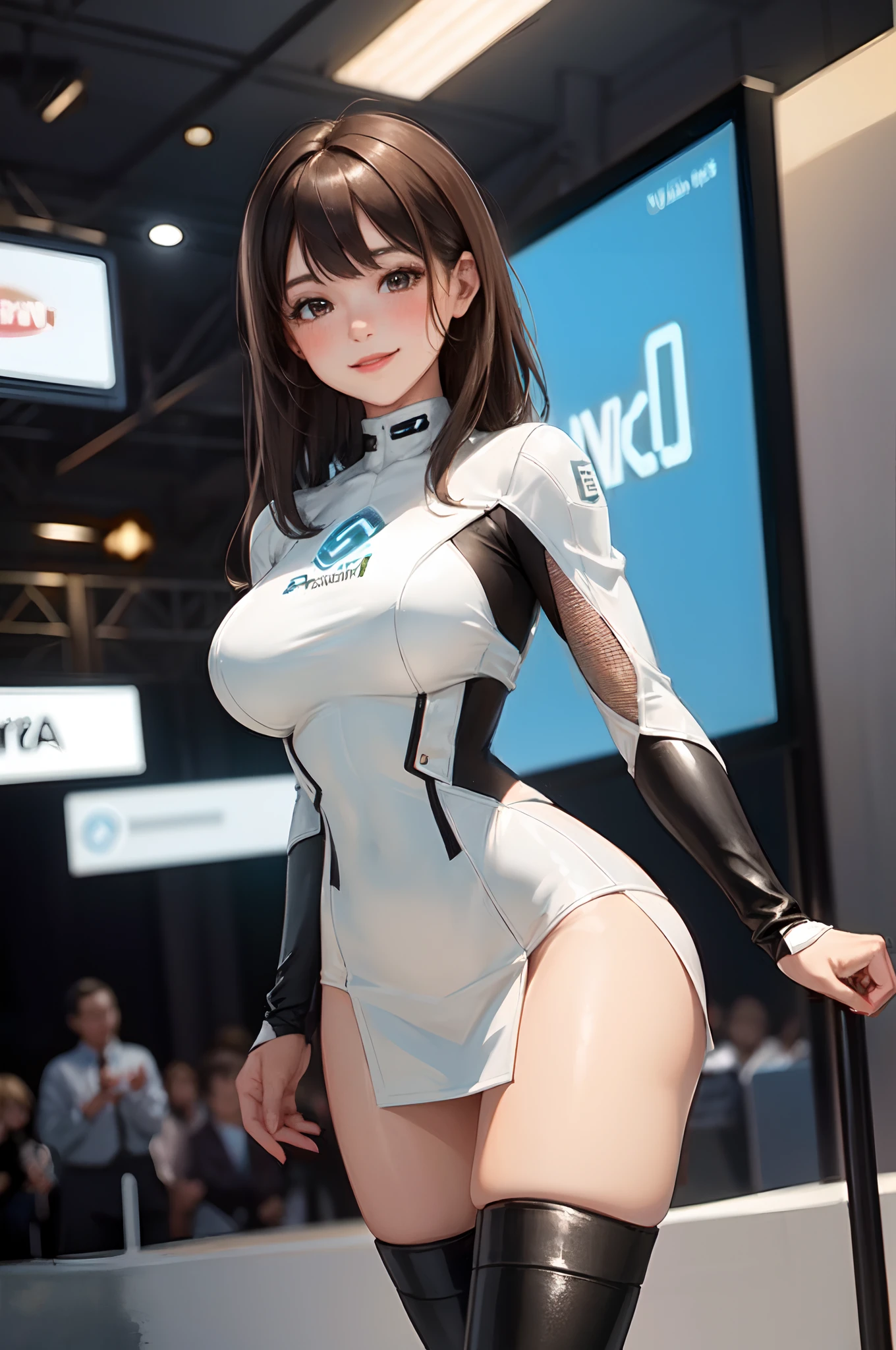 1lady solo standing, /(grid girl/) /(silver costume with logo/) mini skirt, mature female, /(brown hair/) bangs, blush kind smile, (masterpiece best quality:1.2) delicate illustration ultra-detailed, large breasts, thigh boots BREAK /(motor show indoors/), audience, detailed background