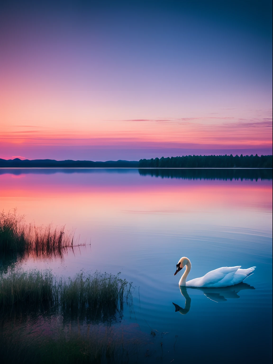 arafed swan swimming in a lake at sunset with a pink sky, tranquility, perfectly calm waters, mikko lagerstedt, peaceful and serene, tranquillity, on the calm lake, treading above calm water, calm water, calm and serene, in a serene landscape, perfect composition artem demura, serene landscape, beautiful lake background