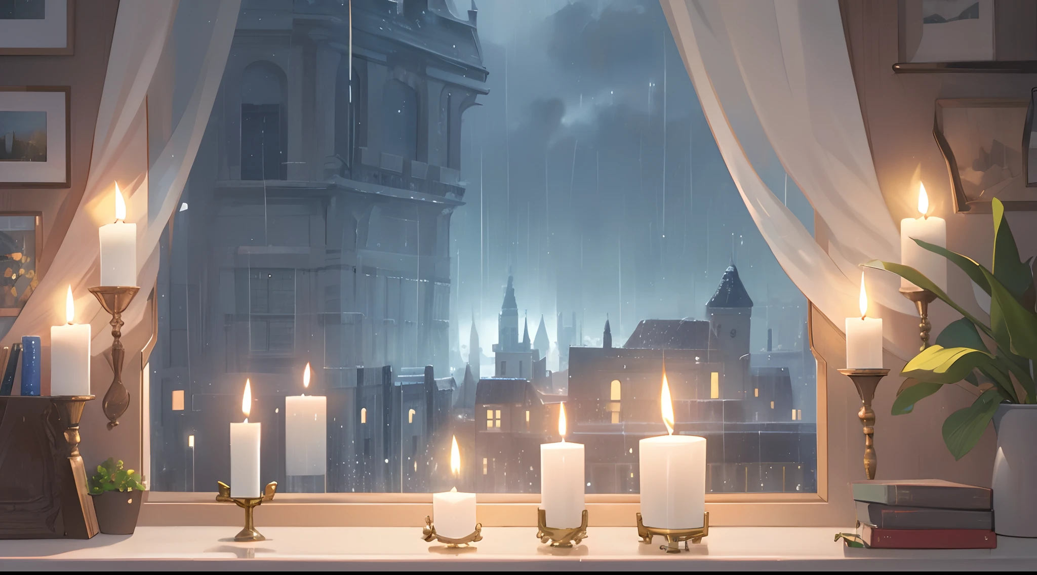 rainy day windowsill illustration view from inside candle in front graphic top quality landscape rainy rainy day warm light