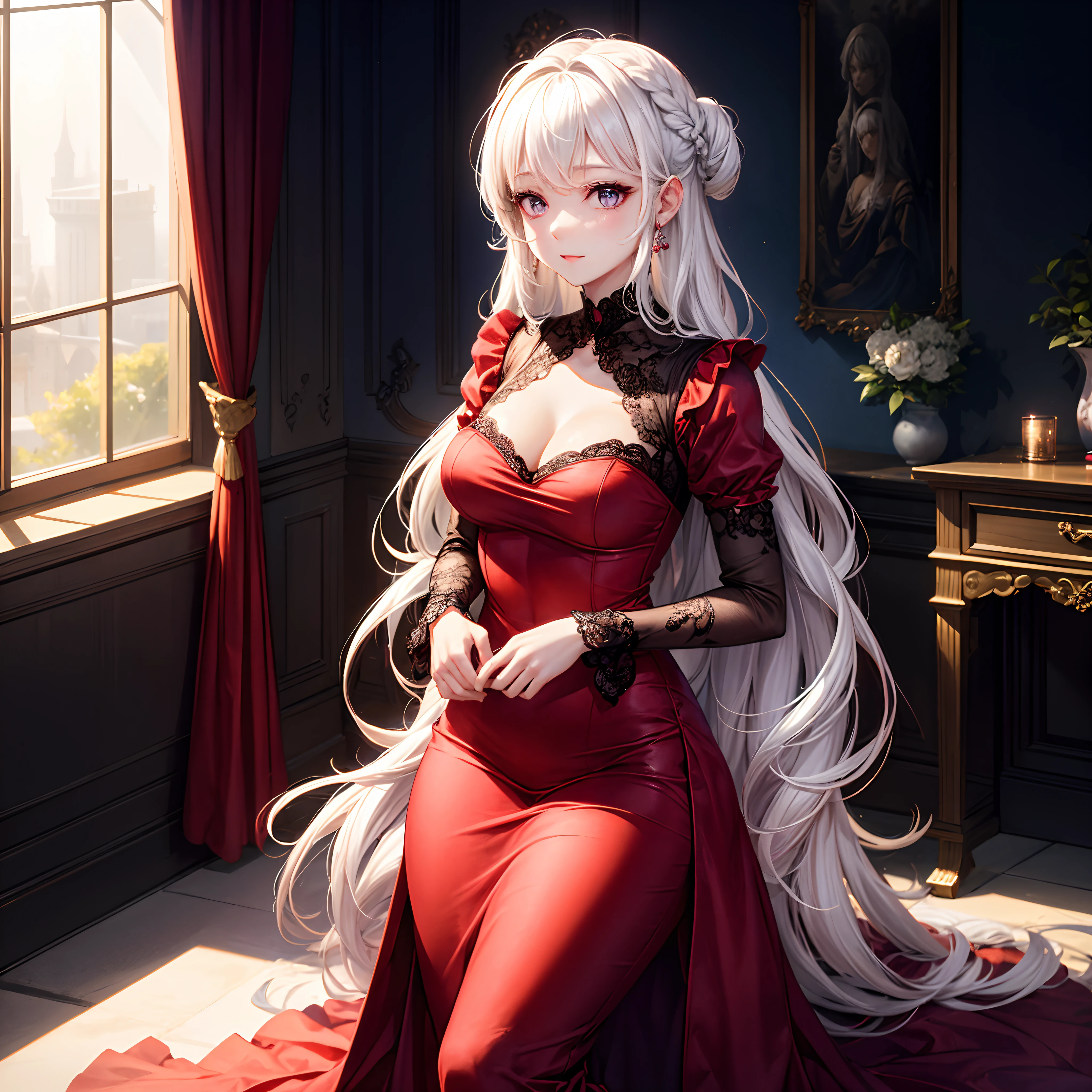 realisitic、top-quality、((One Woman:1.5))、White hair、length hair、Hair rolls、Curled Hair、Princess、Purple eyes、inside in room、Medium chest、RED dress、long skirt、Dresses with frills、Luxurious interior