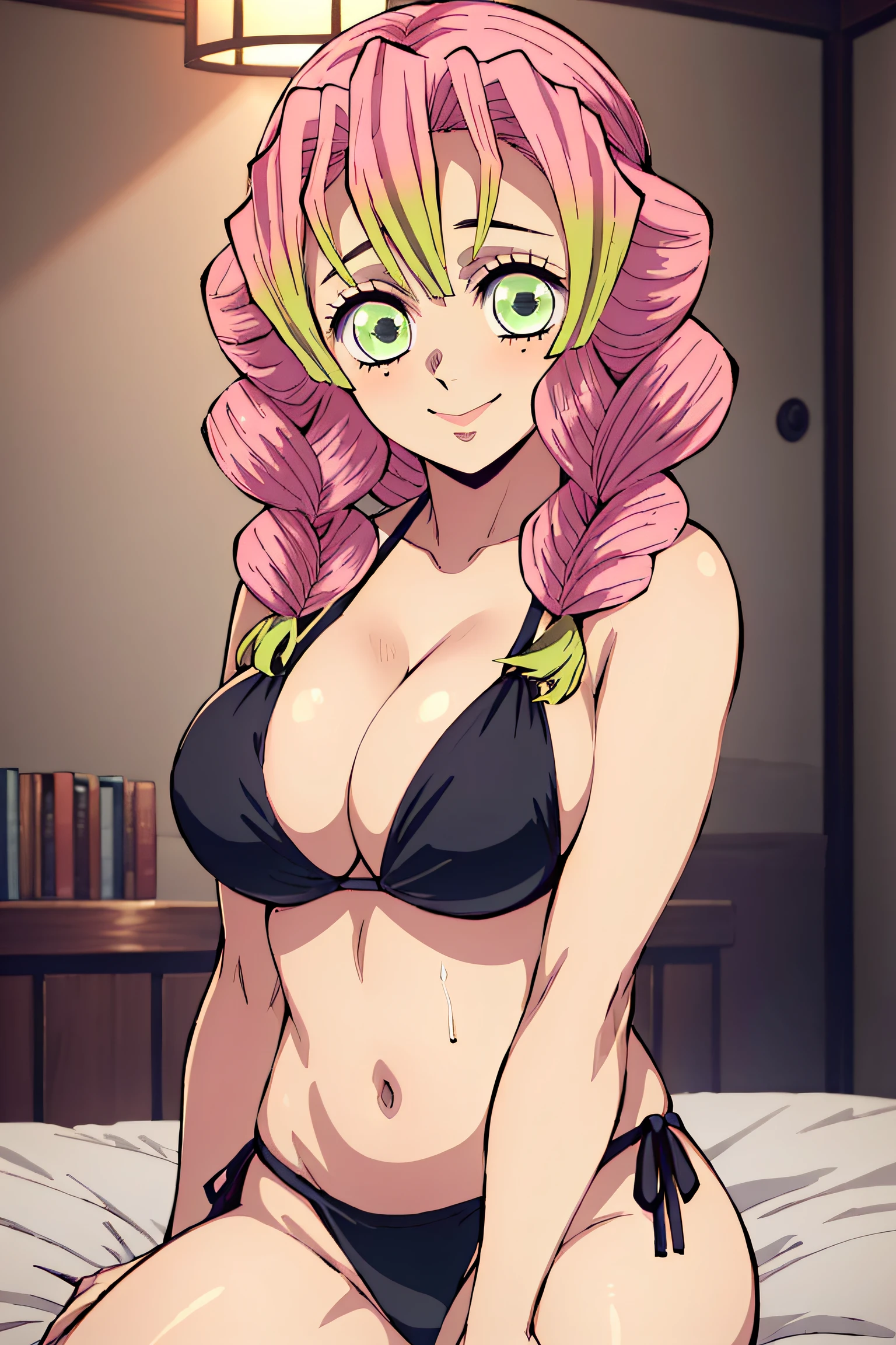 (obra maestra, mejor calidad), 1chica, MitsuriKanroji, deslumbrante, sonrisa, black bikini, room, night, bed, breasts