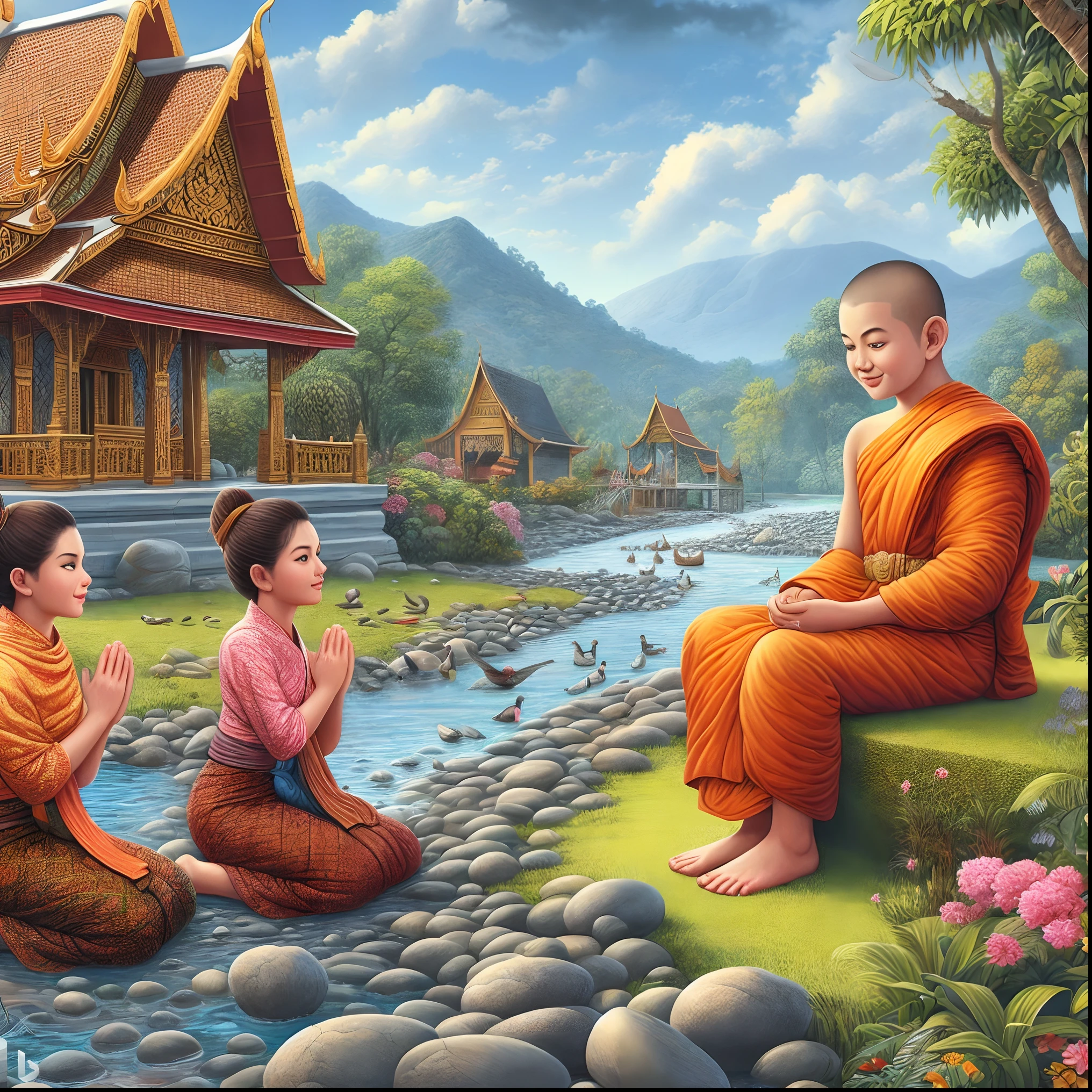 painting of three monks sitting on a rock by a river, buddhism, thailand art, monk meditate, buddhist, buddhist art, tithi luadthong, on path to enlightenment, on the path to enlightenment, beautiful depiction, buddhist monk meditating, buddhist monk, serene scene, traditional art, peaceful scene, monks, serene illustration, monk clothes