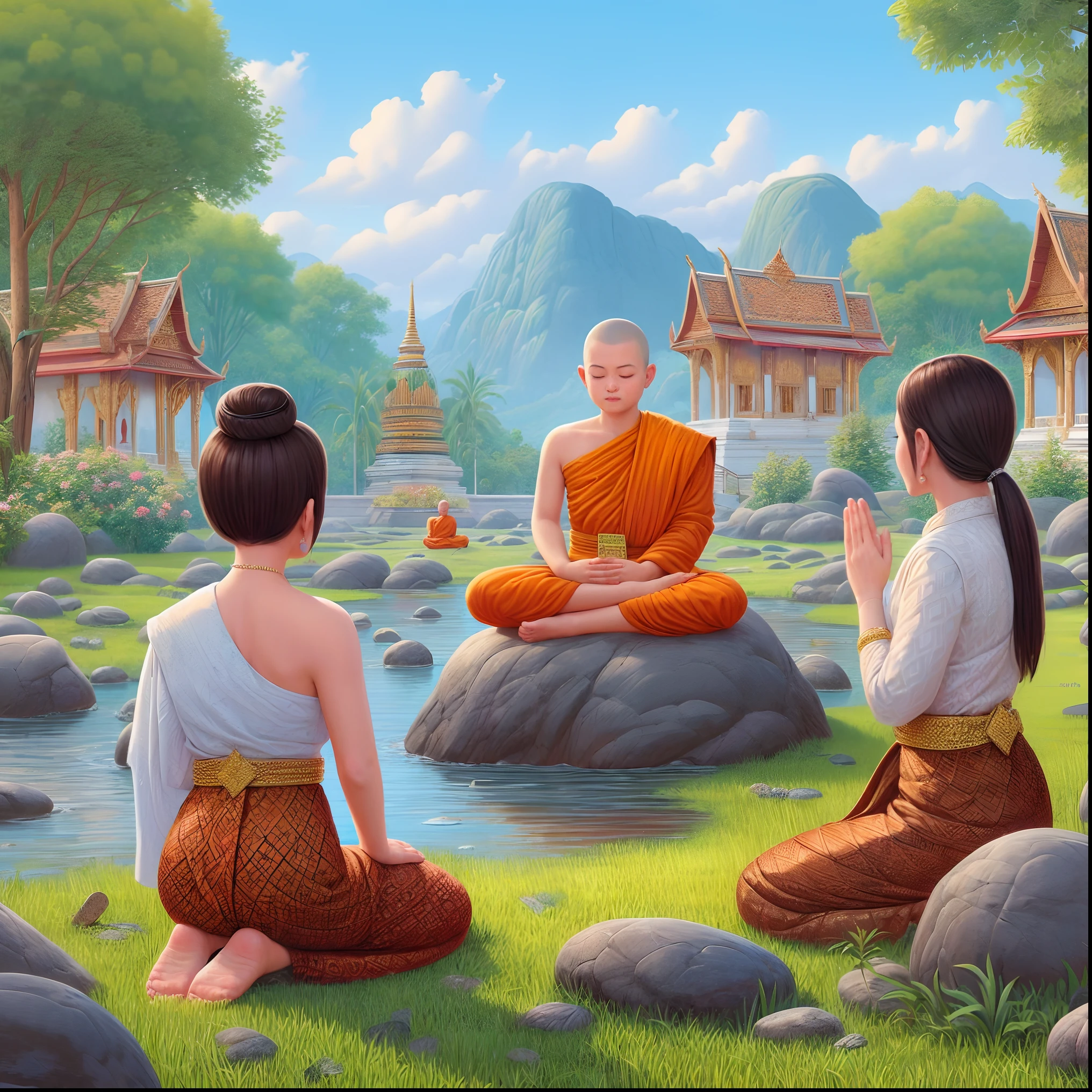 a painting of a group of monks sitting on the ground, buddhism, buddhist, monk meditate, hindu stages of meditation, buddhist monk meditating, buddhist art, on path to enlightenment, thailand art, on the path to enlightenment, buddhist monk, tithi luadthong, the buddha, monk clothes, monks, wallpaper - 1 0 2 4, praying meditating