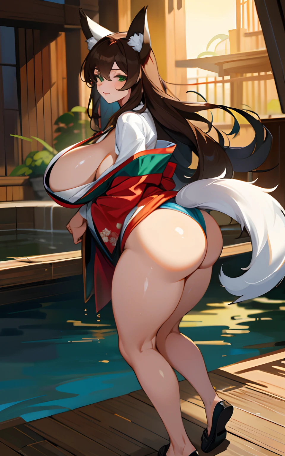 (Masterpiece: 1.5), (Best Quality: 1.5), Perfect Eyes, Perfect Face, Detailed Eyes, Volumetric Lighting, 1 Woman, Woman, (Whiteness: 5), fox ears, fox tail, dark brown hair, green eyes, long hair, sexy, l body, kimono, wet skin, shiny skin, tight clothes, shiny clothes, oily skin, oily clothes, enormous breasts, e, reveathes, thick thighs, wide hips, tall woman, bubbly ass,