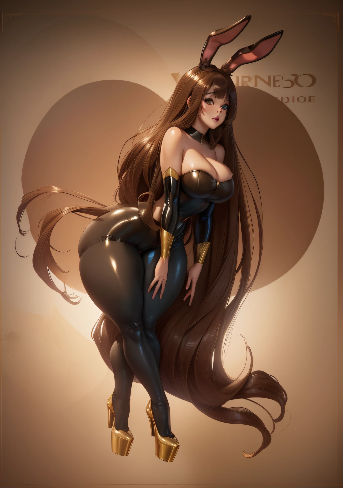 (masterpiece, best quality:1.2), velvet scarletina , bunny ears, , full body, solo, 1girl, dollsuit, mind control, pantyhose, shoes, black shoes, platform heels, long legs, dynamic pose, wide hips, extra thick thighs, huge thighs, extra wide hips, platform heels, highly realistic, full body, dynamic pose, platform heels, insanely wide hips, thick thighs, solo, 1girl, masterpiece,best quality,highly detailed,ultra-detailed,an extremely delicate and beautiful,masterpiece,1girl, sol,mature female, hypno, standing at attention, gigantic breasts, thick lips, very long hair, pale skin, looking at viewer, dollsuit, (best quality,4k,8k,highres,masterpiece:1.2),ultra-detailed,(realistic,photorealistic,photo-realistic:1.37), beautiful milf with (brown, vibrant) eyes, (huge, plump, glossy) lips, and (perfectly symmetrical) face, wearing a dollsuit made of shiny latex material. She has (very long, flowing, brown) hair and a (seductive, alluring) expression. Her (huge, massive, oversized) breasts are the focal point of the image, with (soft, realistic) contours and (subtle, natural-looking) shadows. The dollsuit fits tightly around her body, accentuating her curves, her (wide, huge, thick) hips and thighs are accentuated by a tight pantyhose