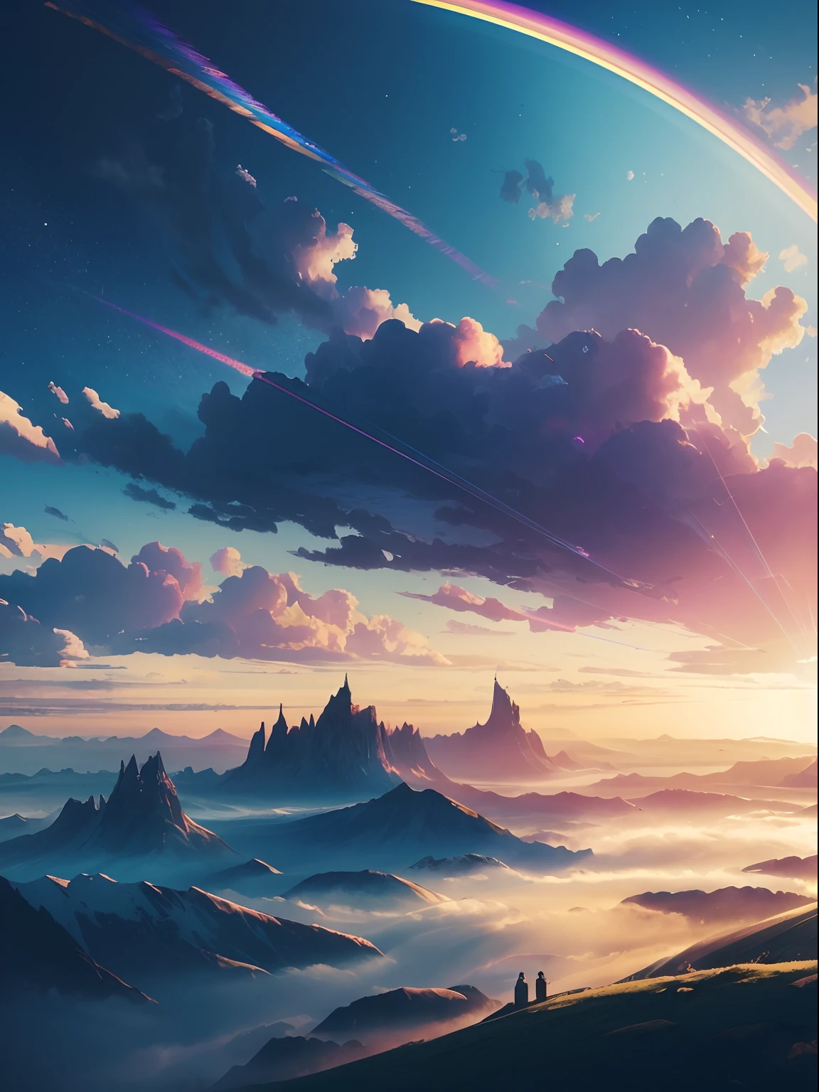 generate an illustration of a landscape in the magical realism genre, in a curved perspective focusing on a optical phenomenon in the sky where the clouds are multicolored iridescent strands, veils of mystical elegance displayed in the sky like a piece of art.