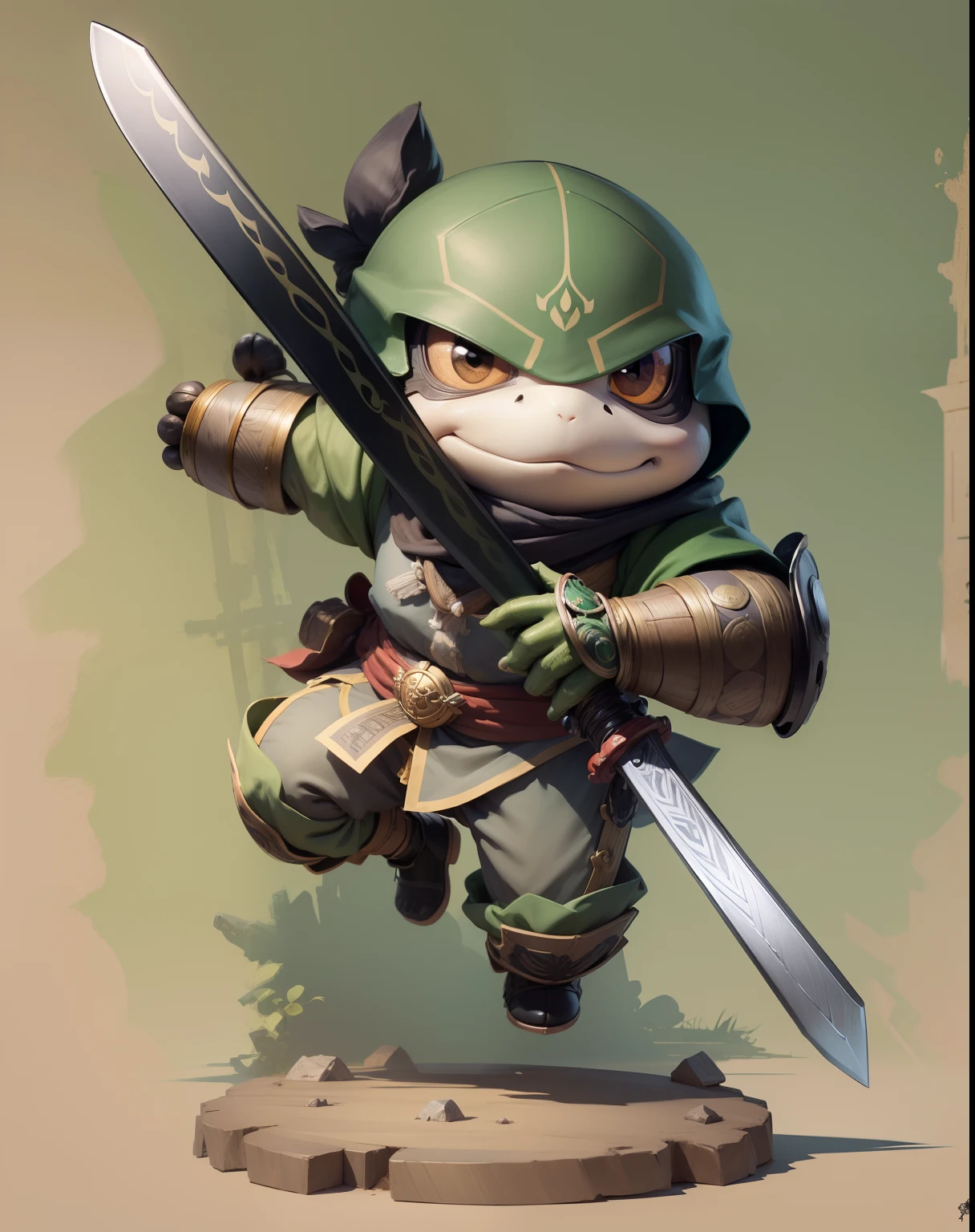 (On parchment paper, Sheet Characteristics), A full body shot, Long shot of cute green humanoid bandit turtles with bandana on their head, Character sheet of old parchment paper with 24K resolution, high detail, photo realism, Realistic sketch, Rough sketch, mix of bold dark lines and loose lines, bold lines, humanoid, centered, Focus on character, Large Samurai Sword, and automatons and turtle feet, Рафф Баттл носит Visage Dusty Cute.