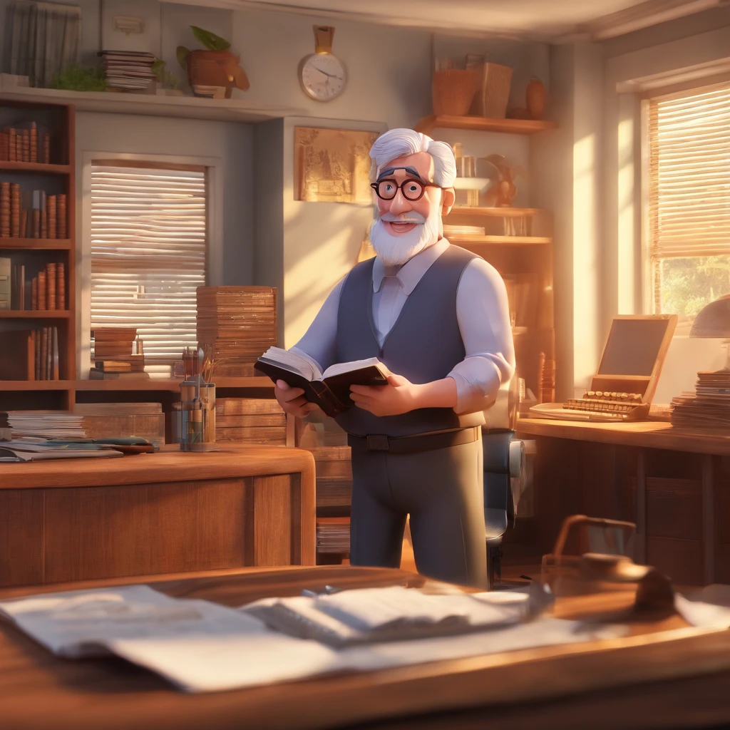 Crie um cartaz inspirado na Disney Pixar com o personagem sendo o pastor Rubens Janier, A gray-haired man wearing glasses, in an office with a Bible on the table