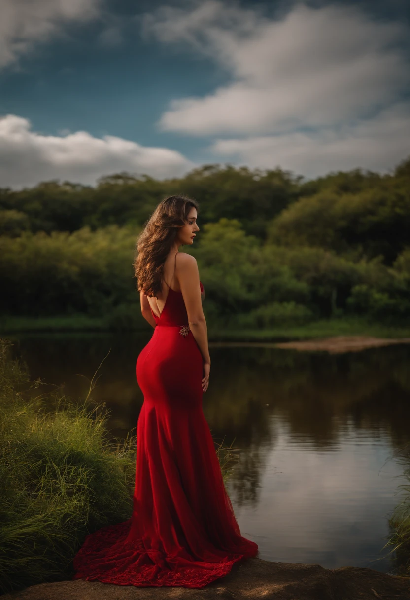 20 year old girl photo essay, cabelos loiros, pele suave, olhos azuis, batom vermelho, vestido bem decotado preto, contra luz, In nature next to a pond