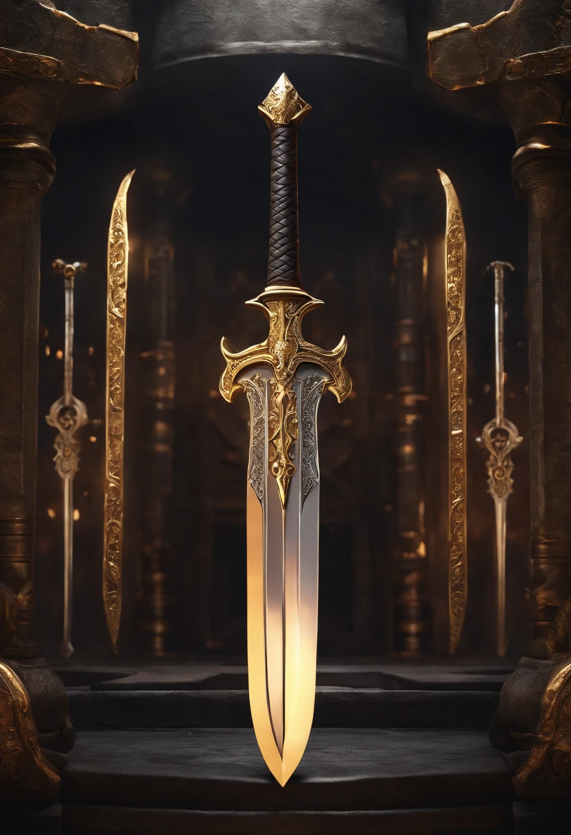 Mechanical sword、NobodyDetail the legendary sword on a forge background, destacando cores como ouro e prata, com elementos de chamas e brilho.