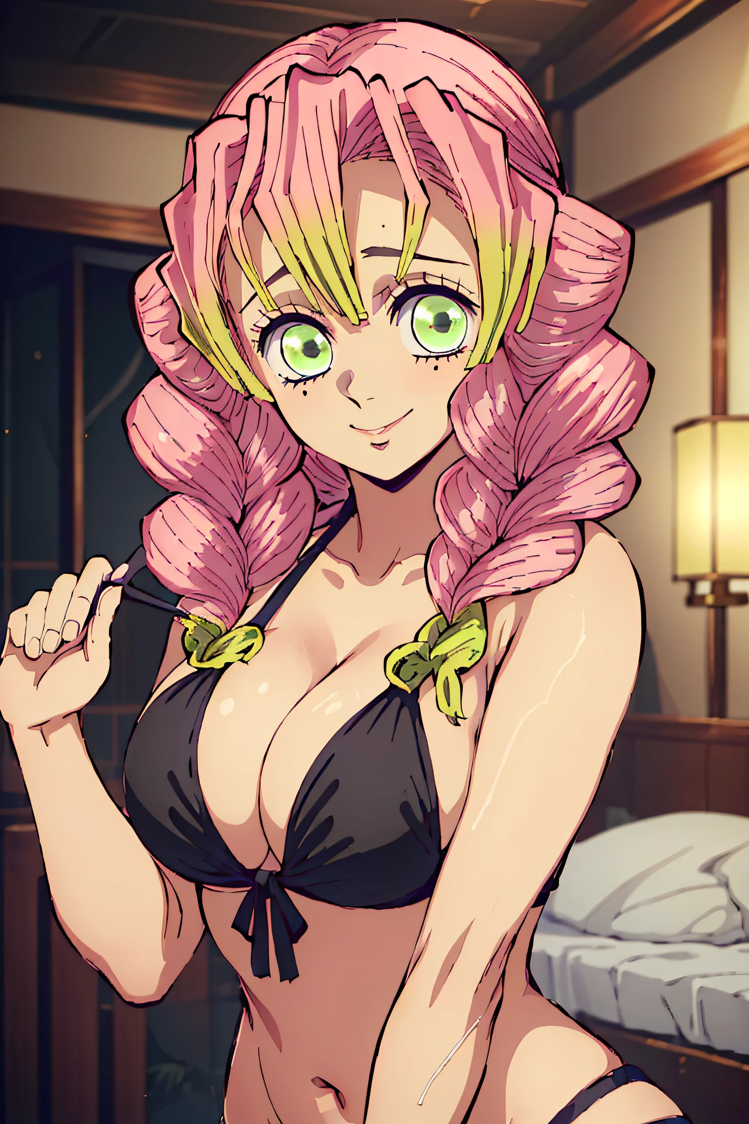 (obra maestra, mejor calidad), 1chica, MitsuriKanroji, deslumbrante, sonrisa, black bikini, room, night, bed, breasts