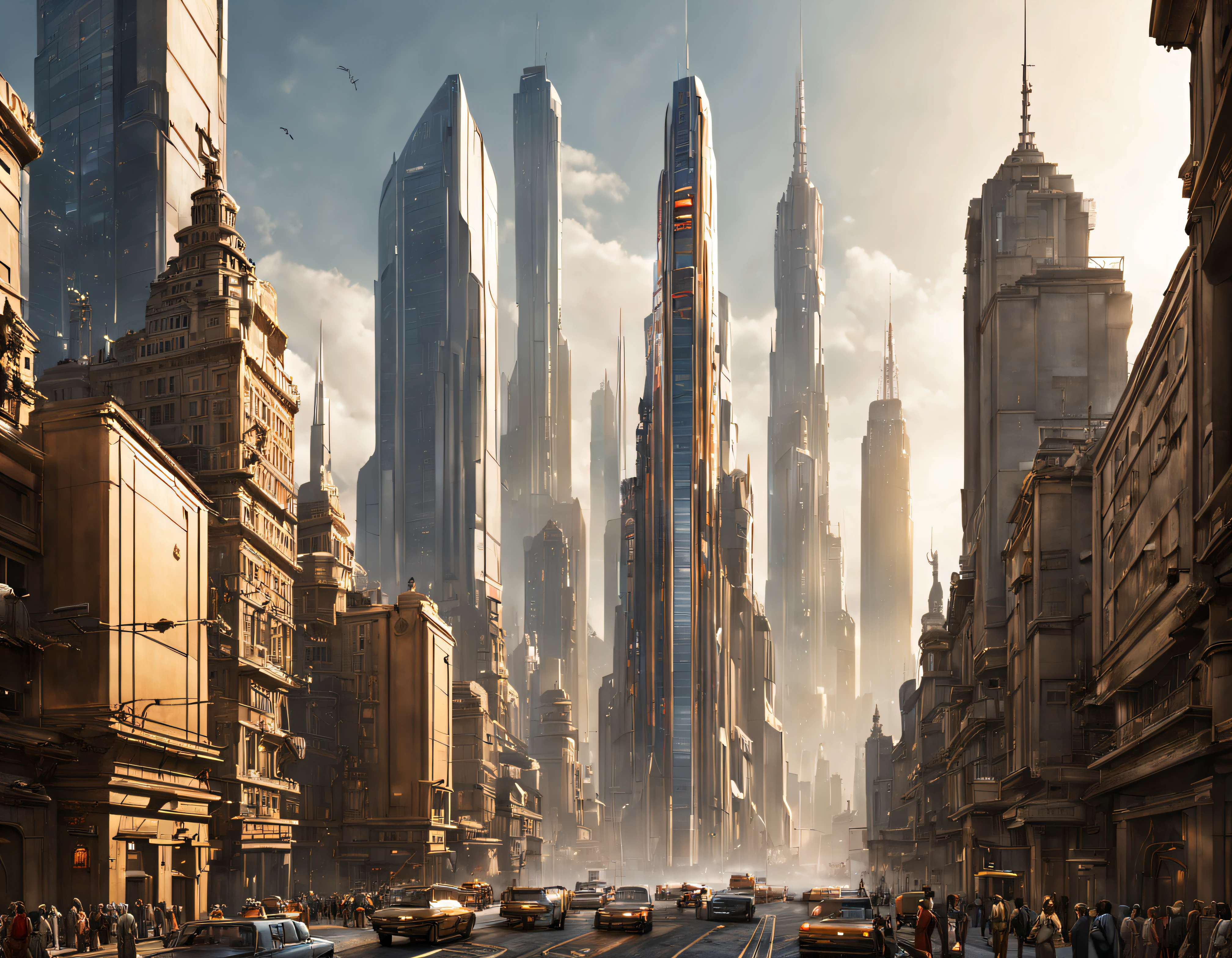 (la ciudad de coruscant, as designed by Doug Chiang). vista frontal de de los edificios agrupados y sus avenidad que hay antes de llegar al senado de coruscant, edificio impresionante y magestuoso, los edificios estan fabricados con placas de aluminio y acero inoxidable engarzadas perfectamente unas con otra, los edificios forman avenidas infinitas hasta llegar al senado, el ambiente es claro ligeramente anaranjado, with some Spacecraft designed by Doug Chiang, volando a lo lejos,todo lleno de imaginacion,ciencia ficcion y (intrincados detalles de la maquina).imagen fotorrealista,nitidez maxima, calidad 8k.(obra maestra de calidad superior).