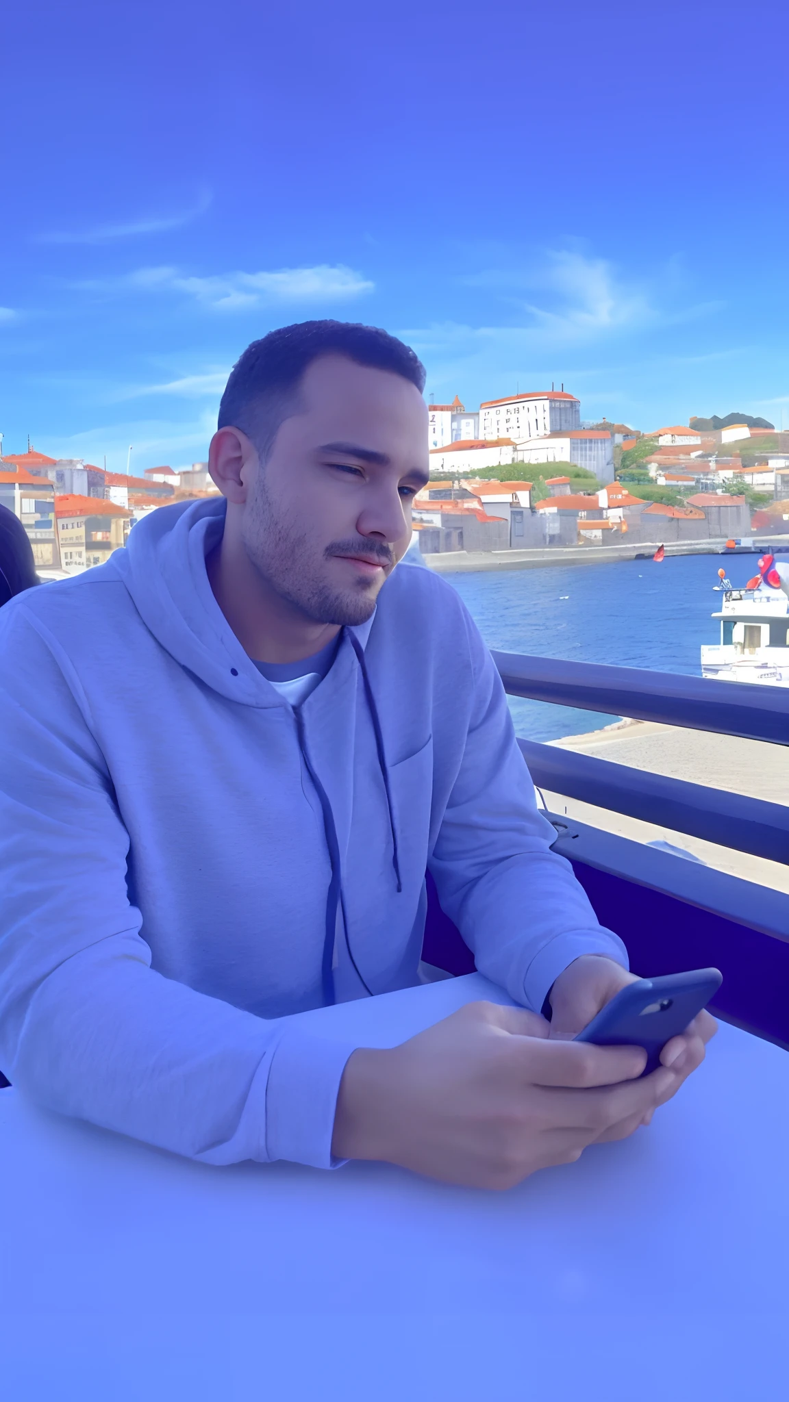 There's a man sitting at a table with a cell phone, Foto do perfil, imagem de perfil, gui guimaraes, Directed by: Nandor Soldier, Directed by: Daniel Lieske, Directed by: Sam Dillemans, dotado, david rios ferreira, Mateo Dineen, Alexandre Ferra, imagem do avatar, Directed by: Tom Wänerstrand, danilo torres