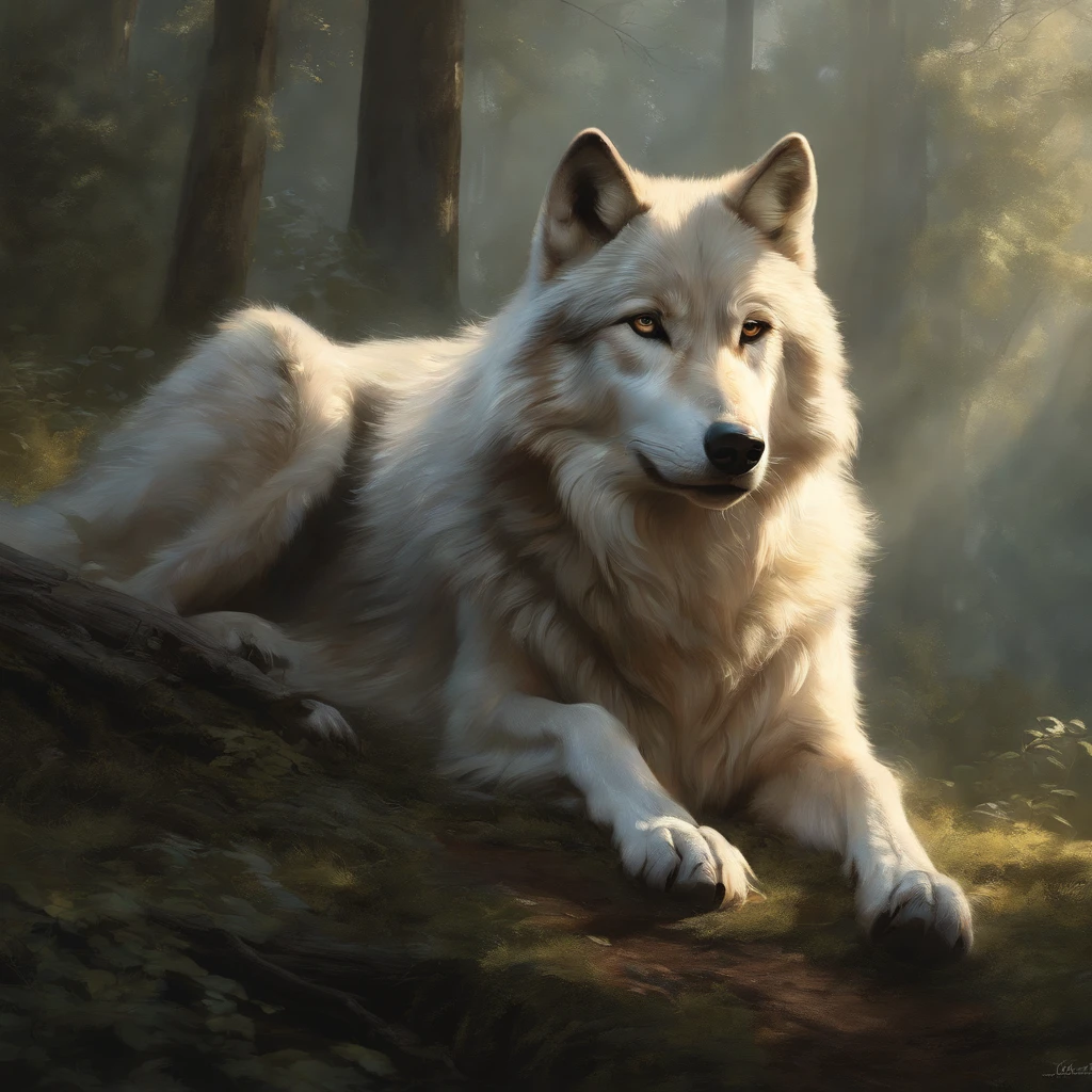 masutepiece, Best quality, ((Beautiful and delicate wolf)) (Very detailed CG unity 8K wallpaper), Professional majestic oil painting,author:Ed Blinky, Attia Geylon, by Ghibli Studio, Jeremy Mann, Greg Manchesa, Antonio Moro, Popular on artstation, Trending Mid Journey和Greg Rutkowski CG Society, twists, high detal, Clear focus, Dramatic, Realistic painting