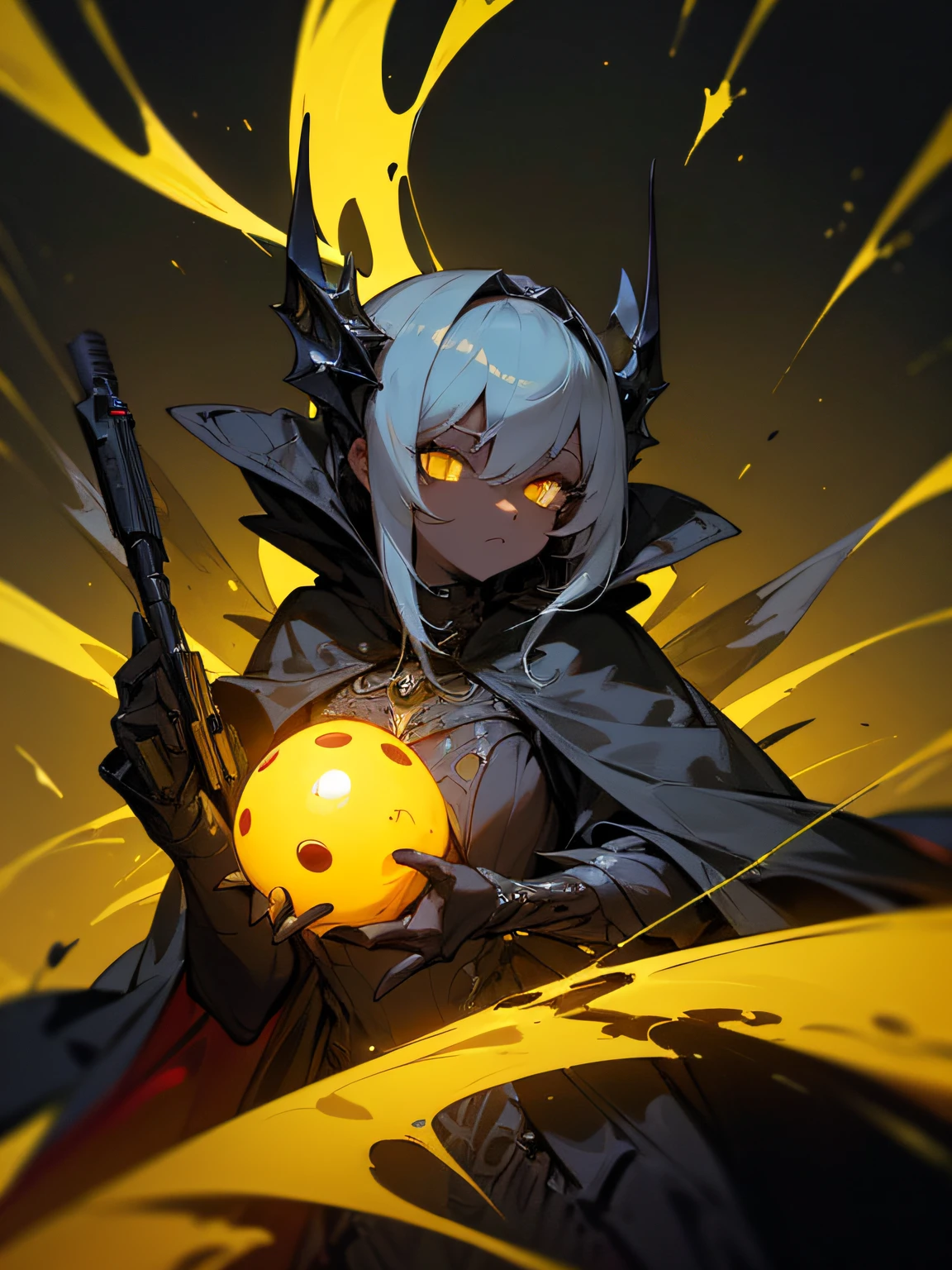 Masterpiece, elegance and danger, gloomy character, elegant insect girl, alien, (dark-black-scaly-chitin-skin), black skin, lots of yellow glowing insect eyes, hi-tech black equipment, sharp fingers, long cloak shaped chitin hair, green glowing hi-tech pistol