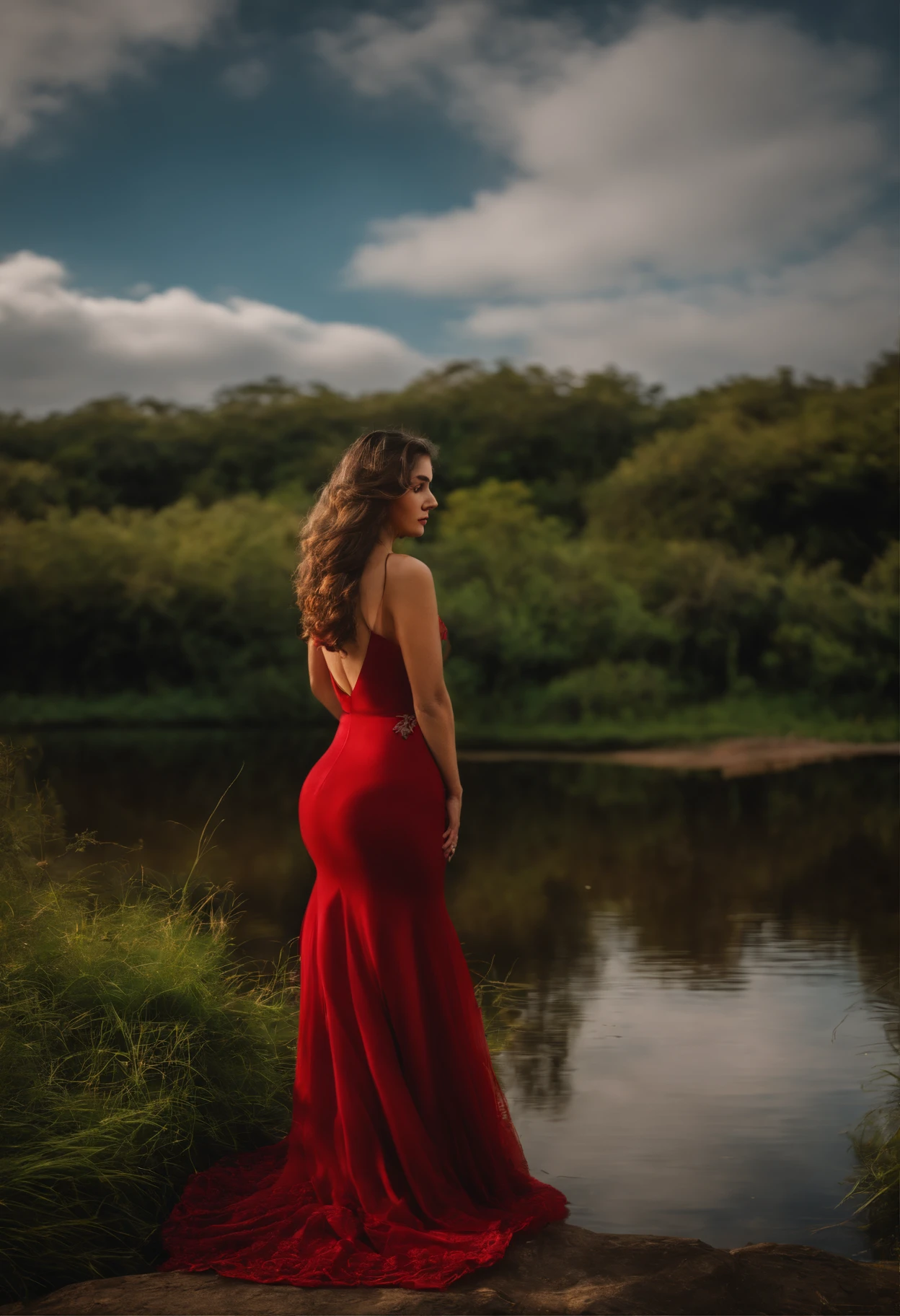 20 year old girl photo essay, cabelos loiros, pele suave, olhos azuis, batom vermelho, vestido bem decotado preto, contra luz, In nature next to a pond