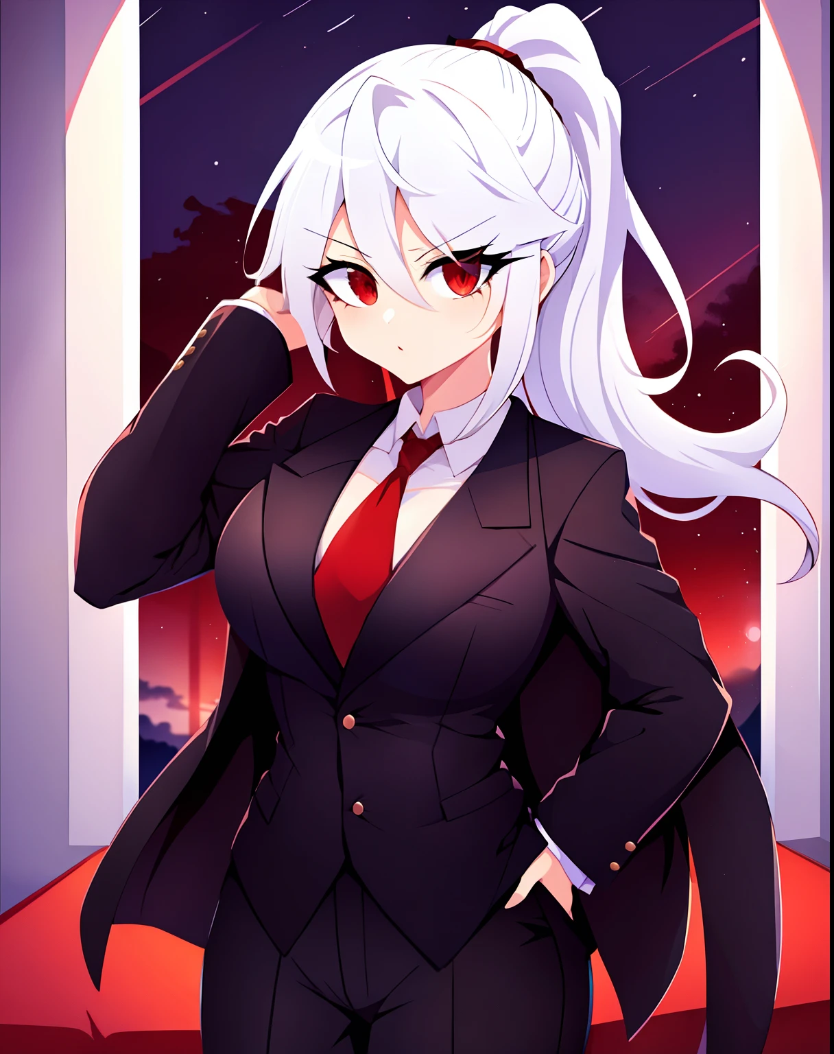 cowboy shot, black half white hair, ponytail hair, red eyes, Brave, breasts, black suit, formal suit, red necktie, office, window, night,