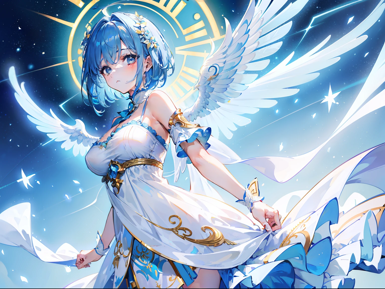 (blue hair,beautiful detailed hair,beautiful detailed girl,bluehair),angelicales,plain white dress,halo,hair texture,short hair,french braids,standing in the golden wonderland,big wings (best quality,4k,8k,highres,masterpiece:1.2),ultra-detailed,realistic,angelic glow,soft lighting,vivid colors