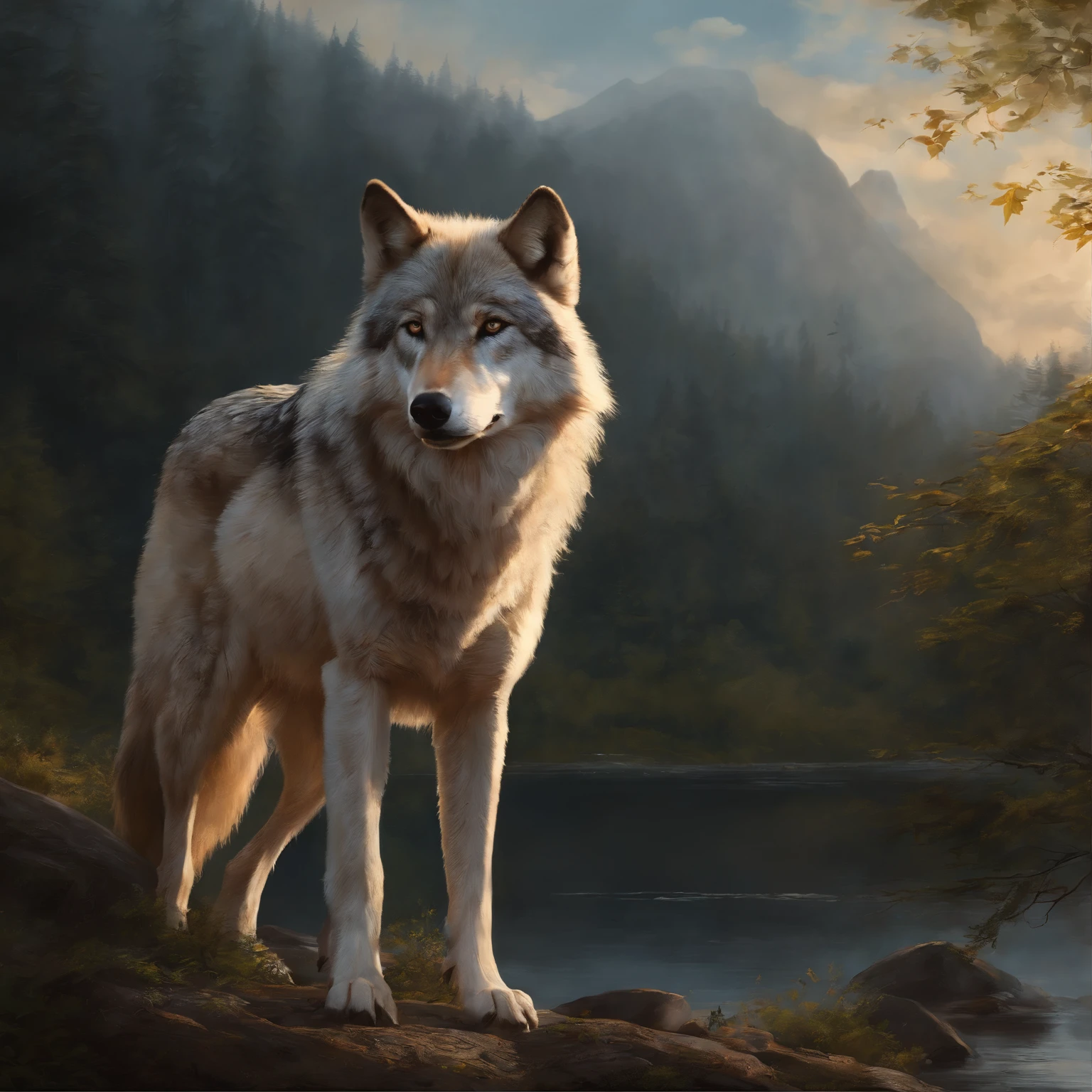 masutepiece, Best quality, ((Beautiful and delicate wolf)) (Very detailed CG unity 8K wallpaper), Professional majestic oil painting,author:Ed Blinky, Attia Geylon, by Ghibli Studio, Jeremy Mann, Greg Manchesa, Antonio Moro, Popular on artstation, Trending Mid Journey和Greg Rutkowski CG Society, twists, high detal, Clear focus, Dramatic, Realistic painting