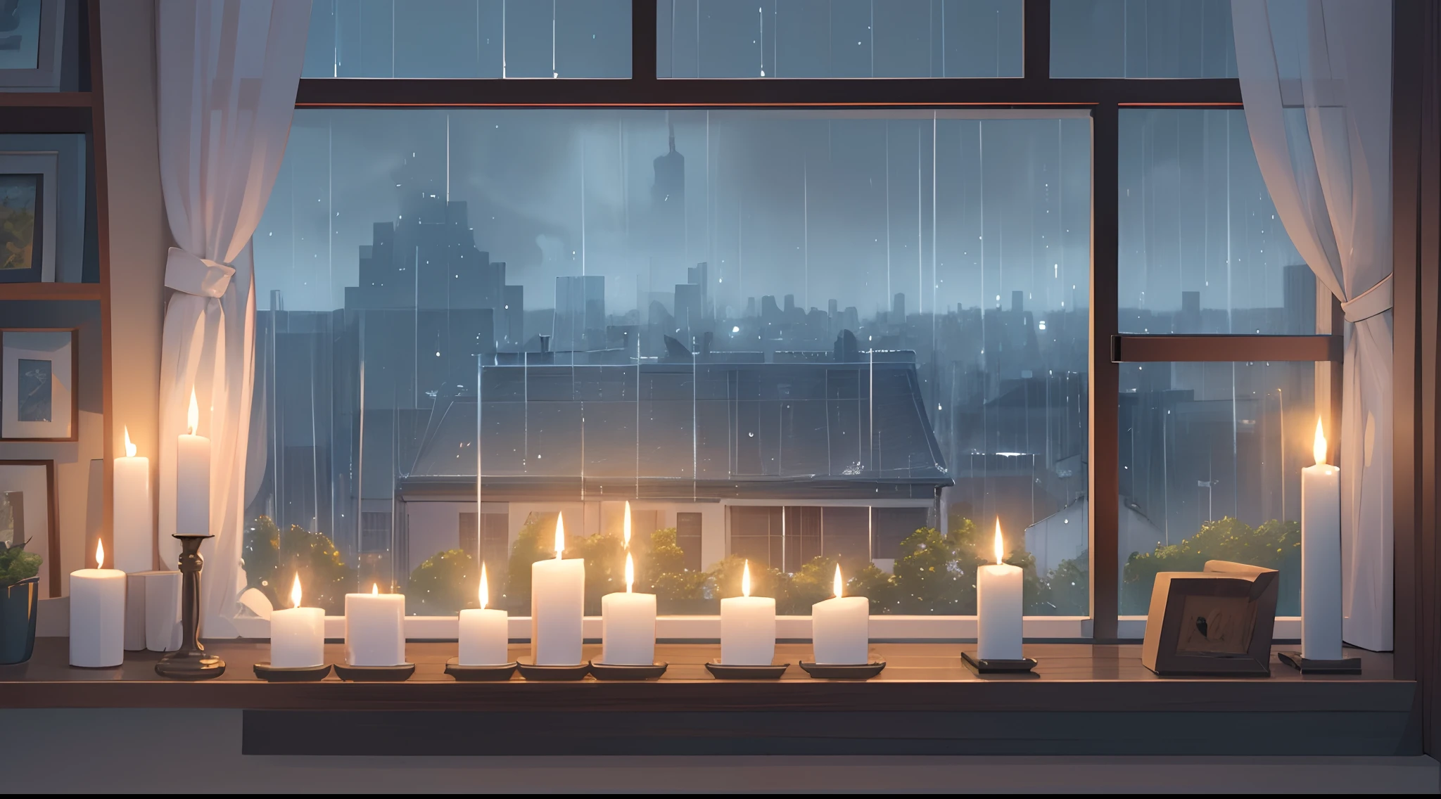 rainy day windowsill illustration landscape view from indoors candle in front graphic top quality rain rainy day