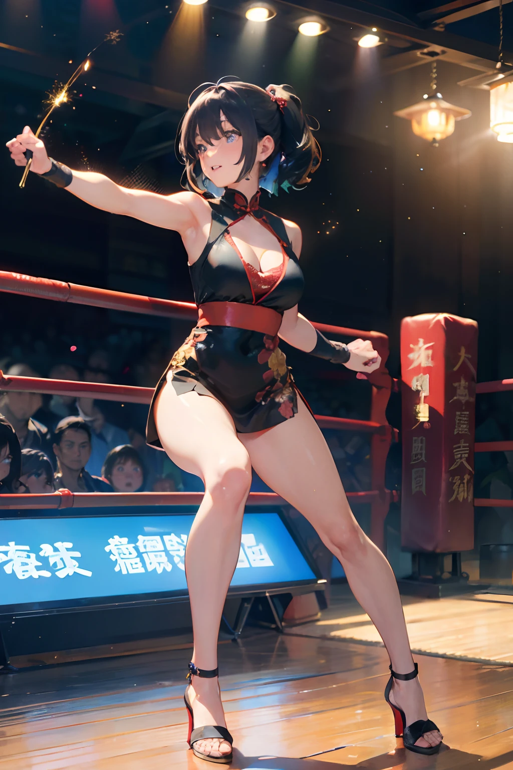 a 20 yo woman、Black-haired head hair、Bery short hair、Big smile、cleavage of the breast、Thighs at a glance、Purple cheongsam with open chest(hi-top fade:1.3)、dark themed、Muted Tones、Subdued Color、highly contrast、(natural skin textures、Hyper-Realism、Soft light、sharp)、(Official art、Best Quality、Unity 8k Wallpapers、32K、​masterpiece、ultra-detailliert、超A high resolution、realisitic、Photorealsitic:1.2)、(Cinematic lighting:1.2)、Fireglow effect、film grains、Best Shadows、Rim lighting、side lights、sideshot、(Ultra-detailed and complex 3D rendering)、Detailed beautiful face and eyes、A slender、Medium bust、(Full body:1.2)、 Highly detailed background、Chinese Restaurant、beauitful face、blurry backround、a beauty girl、(super detailed skin、detailed skin textures:1.3)、Black hair、short-hair、braided ponytails、Blue eyes、Red cheongsam with gold thread embroidery、Wearing high heels、Floral hair ornament、Gentle smile、(thighs thighs thighs thighs:0.9)、(kung fu pose:1.2)、dynamicposes、Chinese boxing、Kungfu、taijitu、 Chinese Martial Arts、Horse Walk(Maho Maboo)、The tattoo、Big sparkling blue eyes、