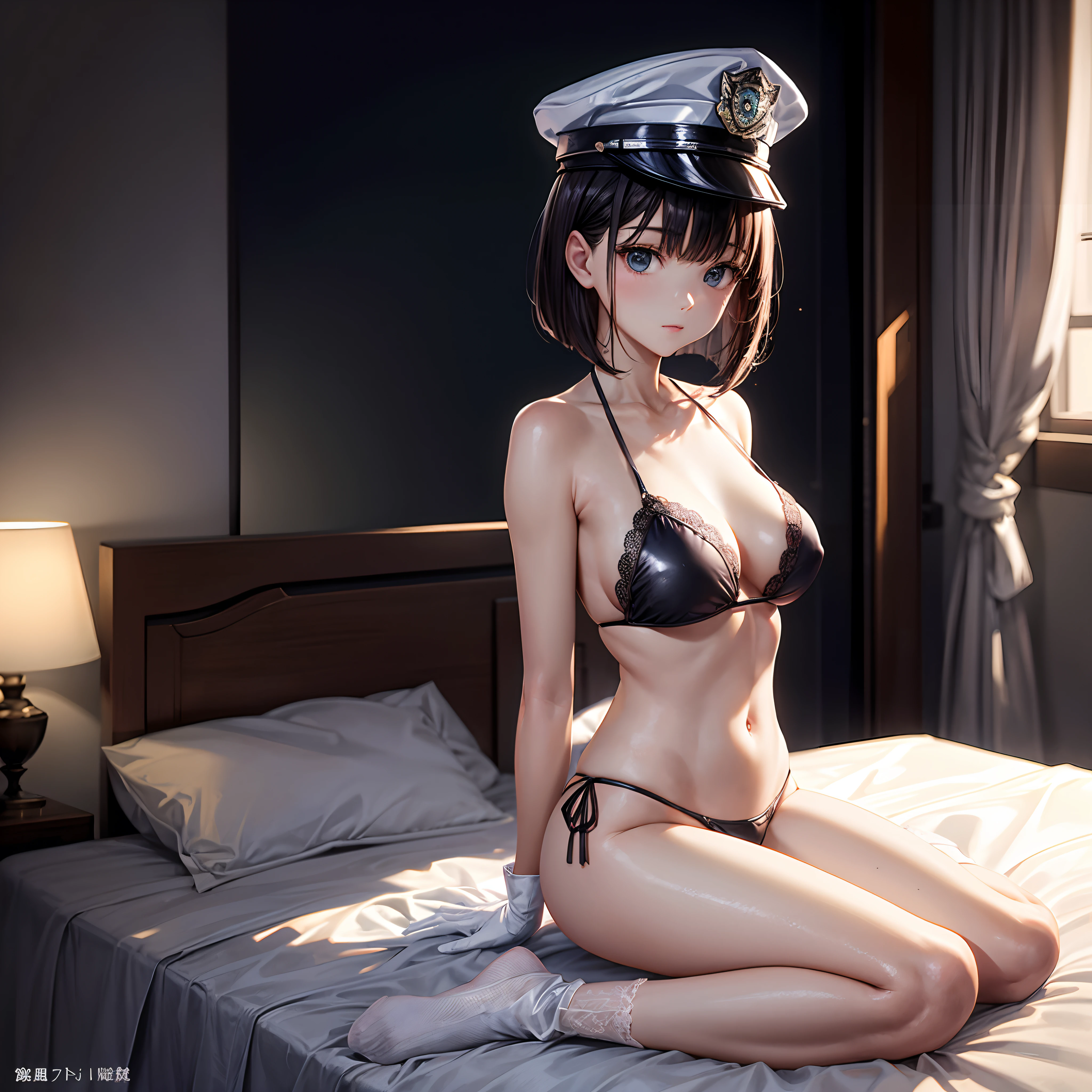 realisitic、top-quality、sit on a bed、((One Woman:1.5))、Dark hair、Length to shoulder、Medium bob、Police Officer Cap, Open your clothes , Silver PVC Bikini、Lace gloves,Medium chest